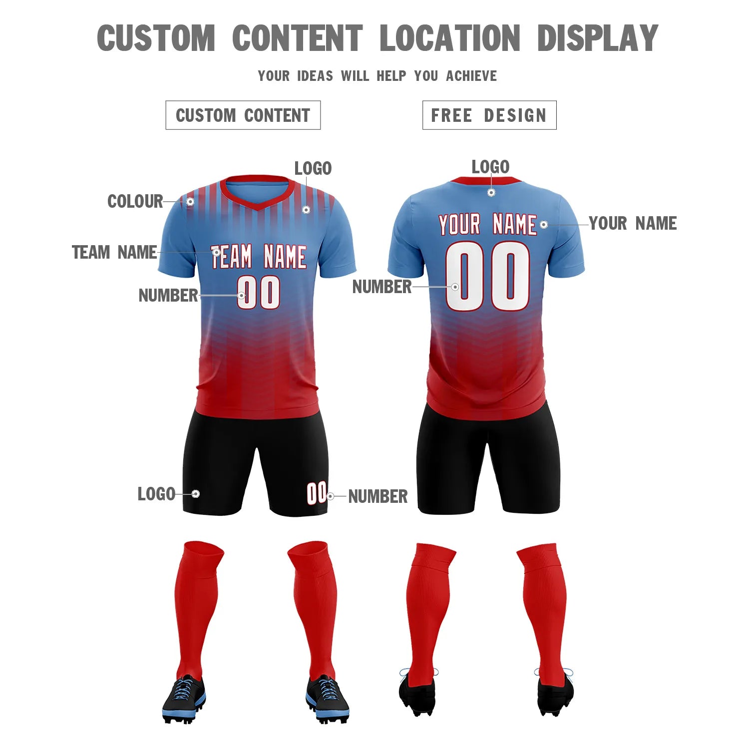 Custom Light Blue Red Soft Training Uniform Soccer Sets Jersey