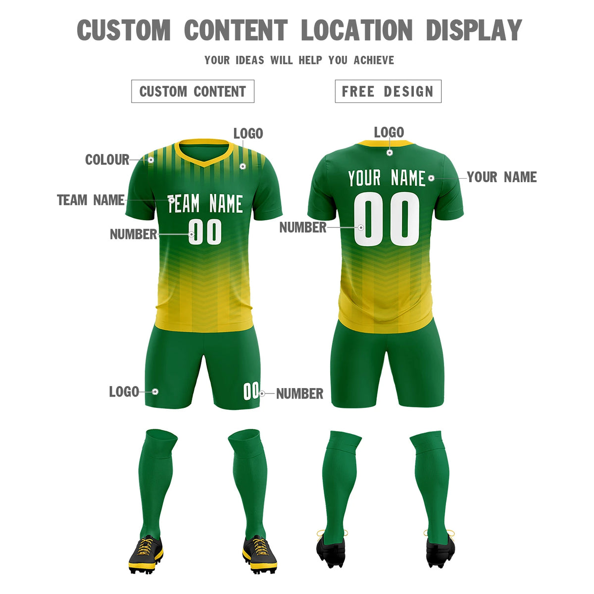 Custom Kelly Green Gold01 Soft Training Uniform Soccer Sets Jersey