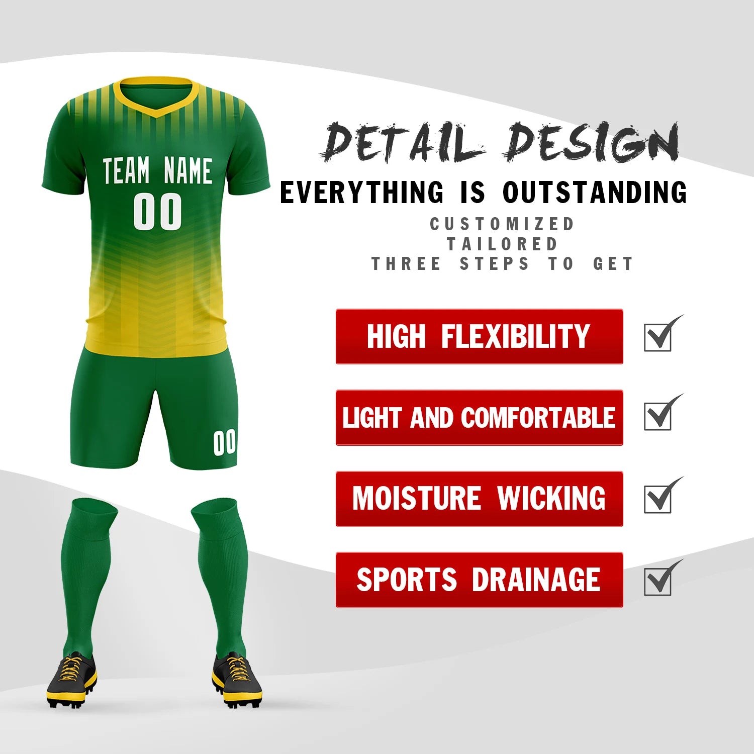 Custom Kelly Green Gold01 Soft Training Uniform Soccer Sets Jersey
