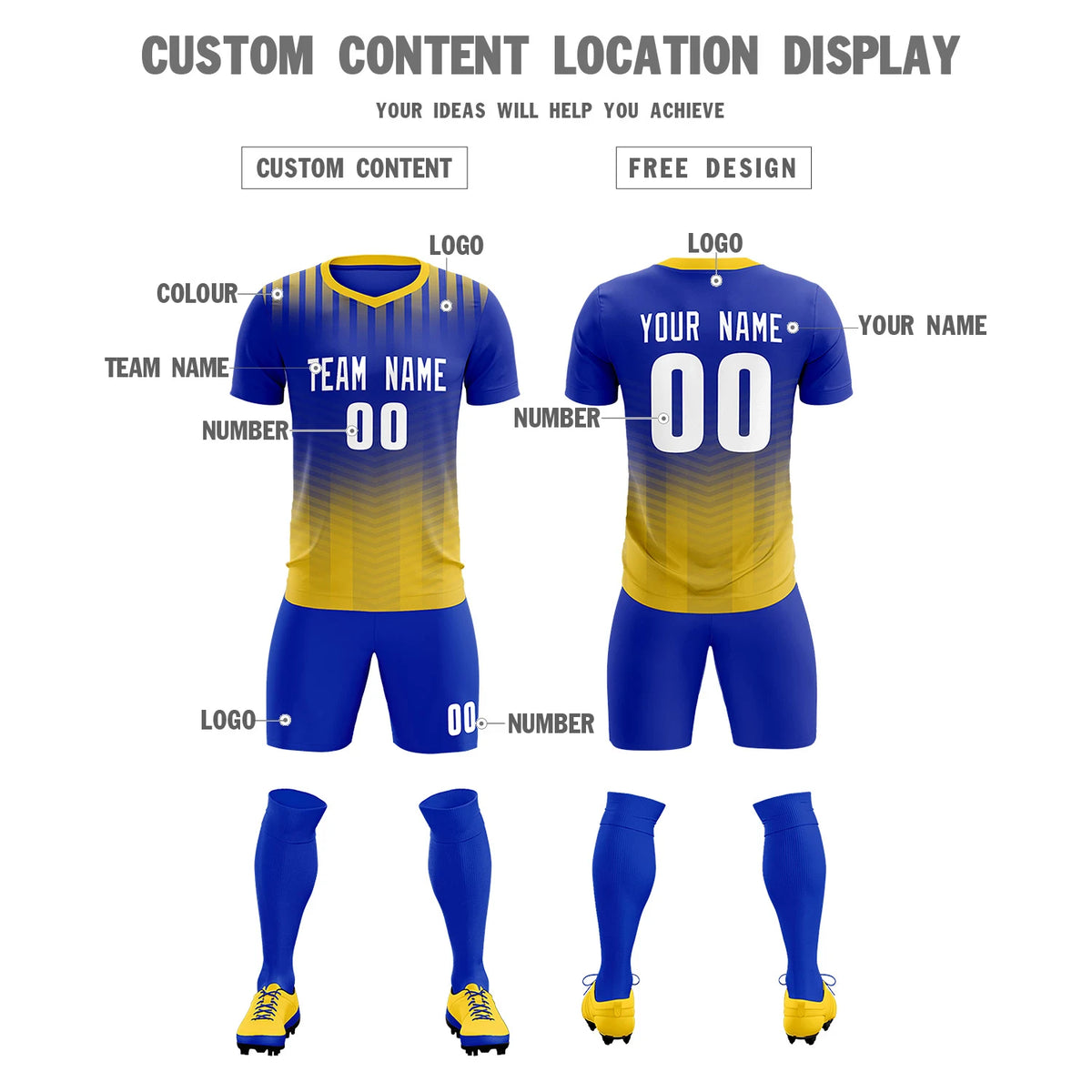 Custom Royal Blue Gold01 Soft Training Uniform Soccer Sets Jersey