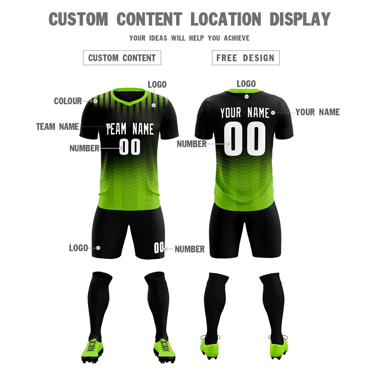 Custom Black Neon Green Soft Training Uniform Soccer Sets Jersey