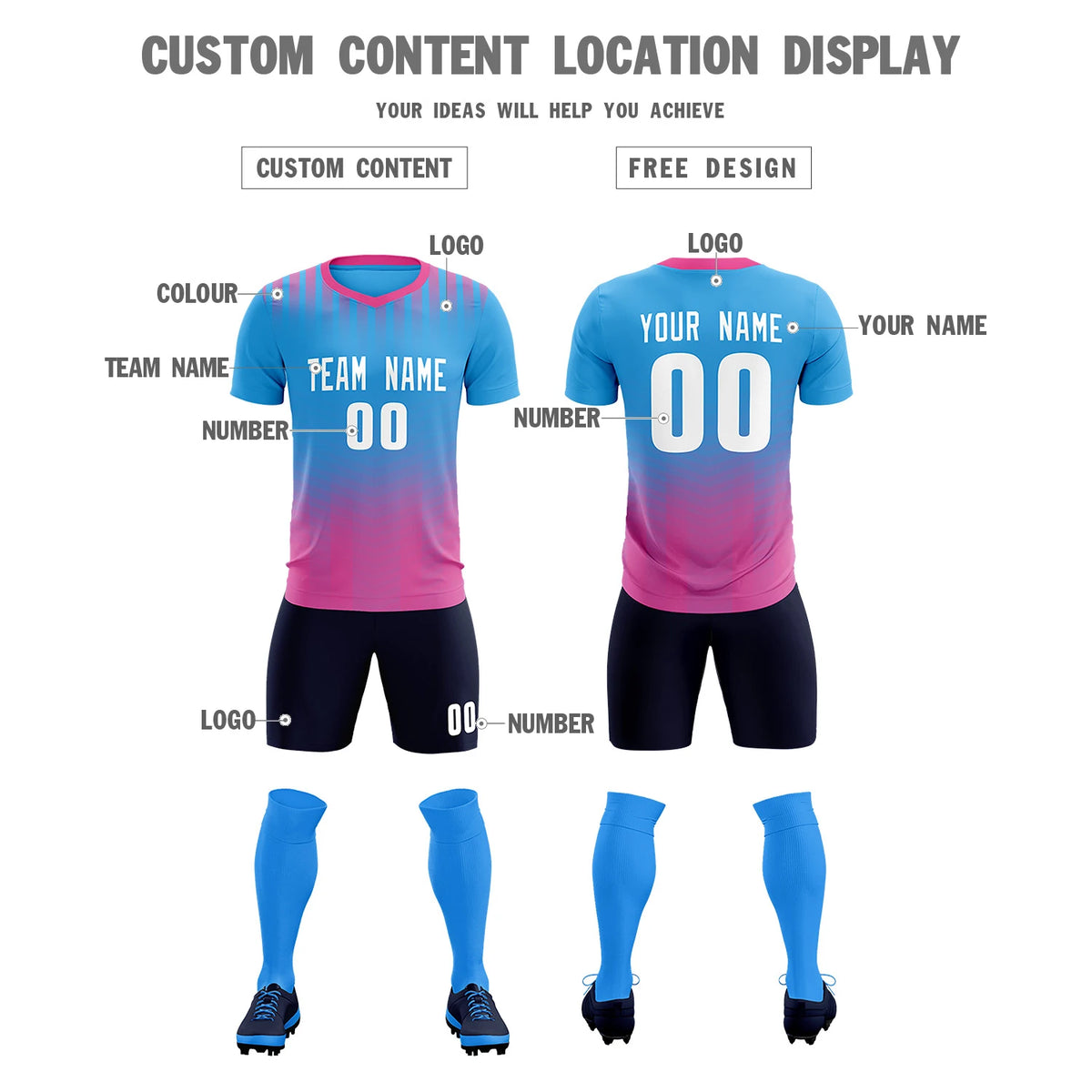Custom Powder Blue Pink Soft Training Uniform Soccer Sets Jersey