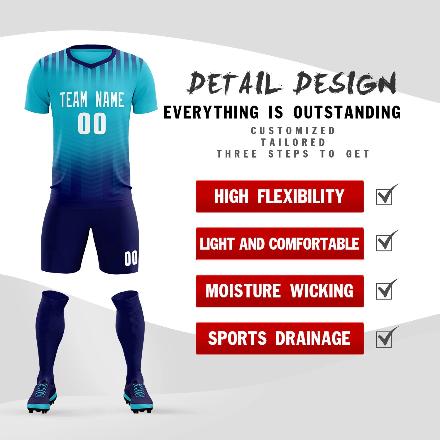 Custom Powder Blue Navy Soft Training Uniform Soccer Sets Jersey