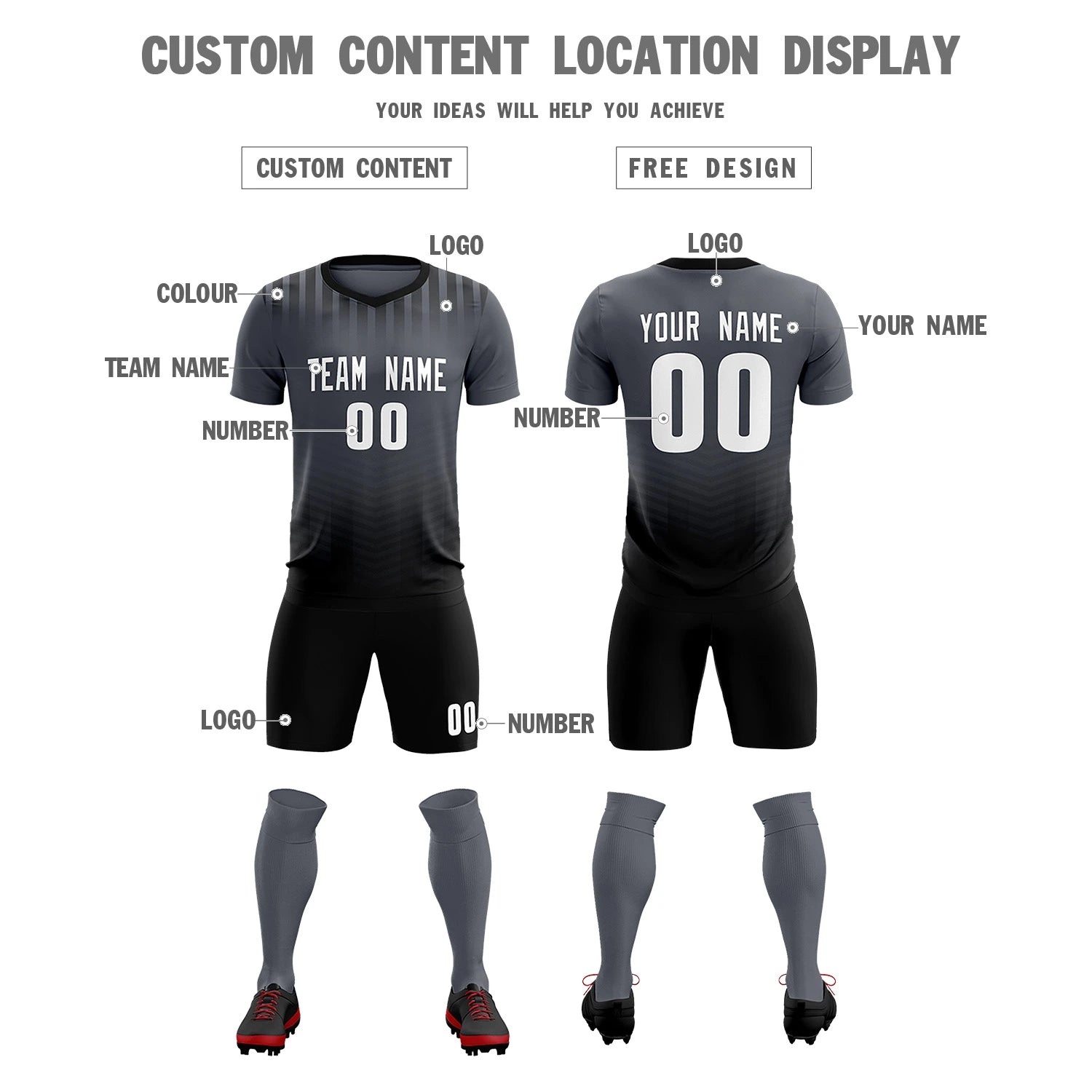 Custom Dark Gray Black Soft Training Uniform Soccer Sets Jersey