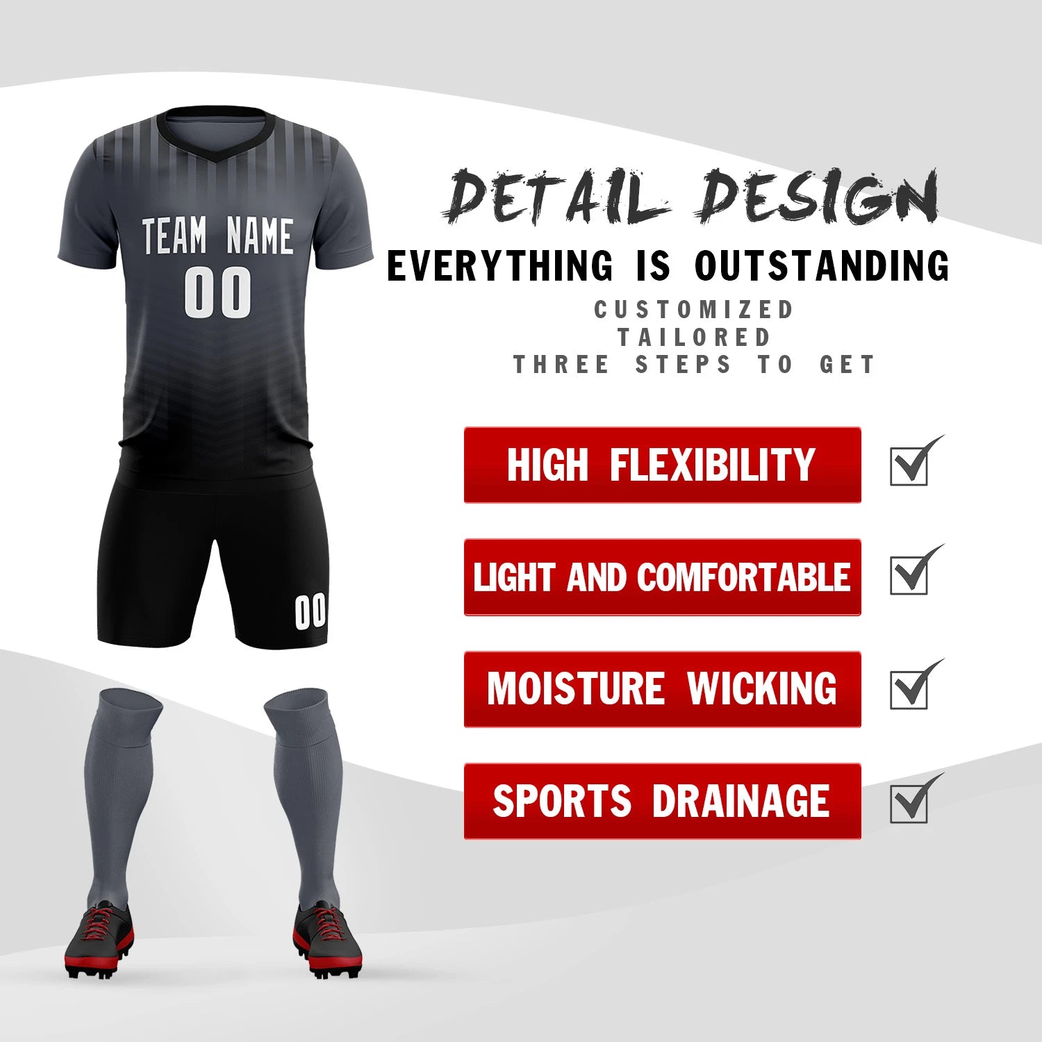 Custom Dark Gray Black Soft Training Uniform Soccer Sets Jersey