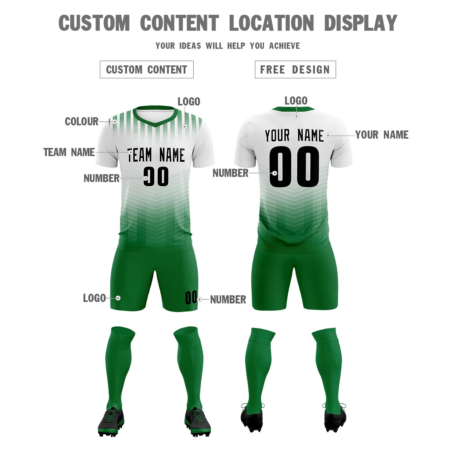 Custom White Kelly Green Soft Training Uniform Soccer Sets Jersey