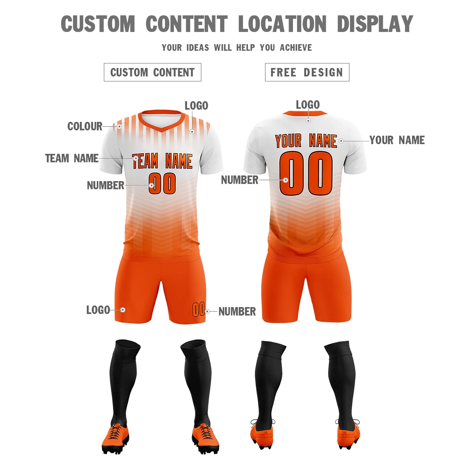 Custom White Orange Soft Training Uniform Soccer Sets Jersey