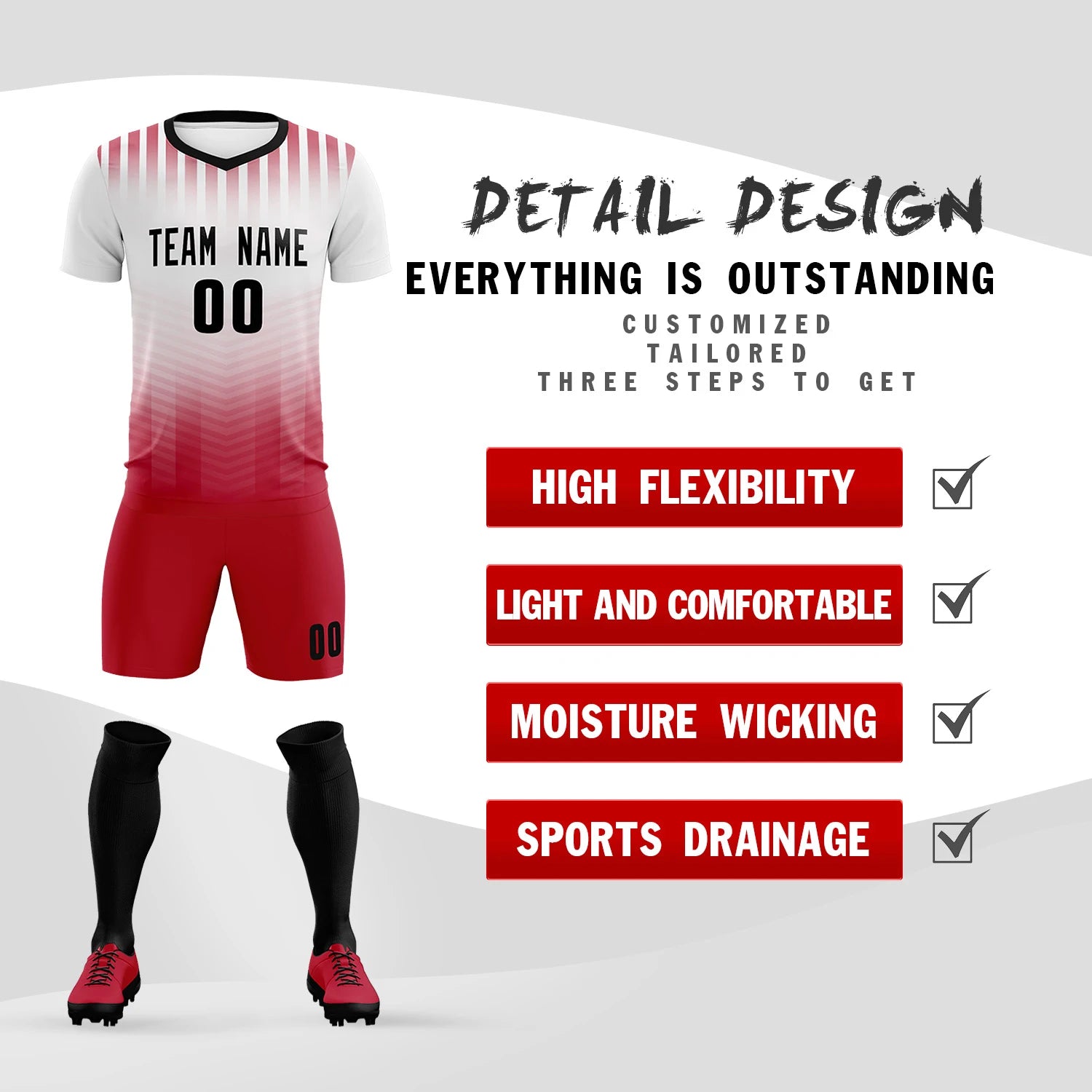 Custom White Red Soft Training Uniform Soccer Sets Jersey