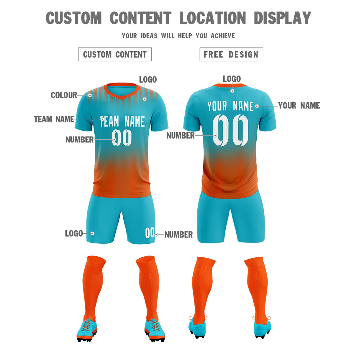 Custom Sky Blue Orange Soft Training Uniform Soccer Sets Jersey