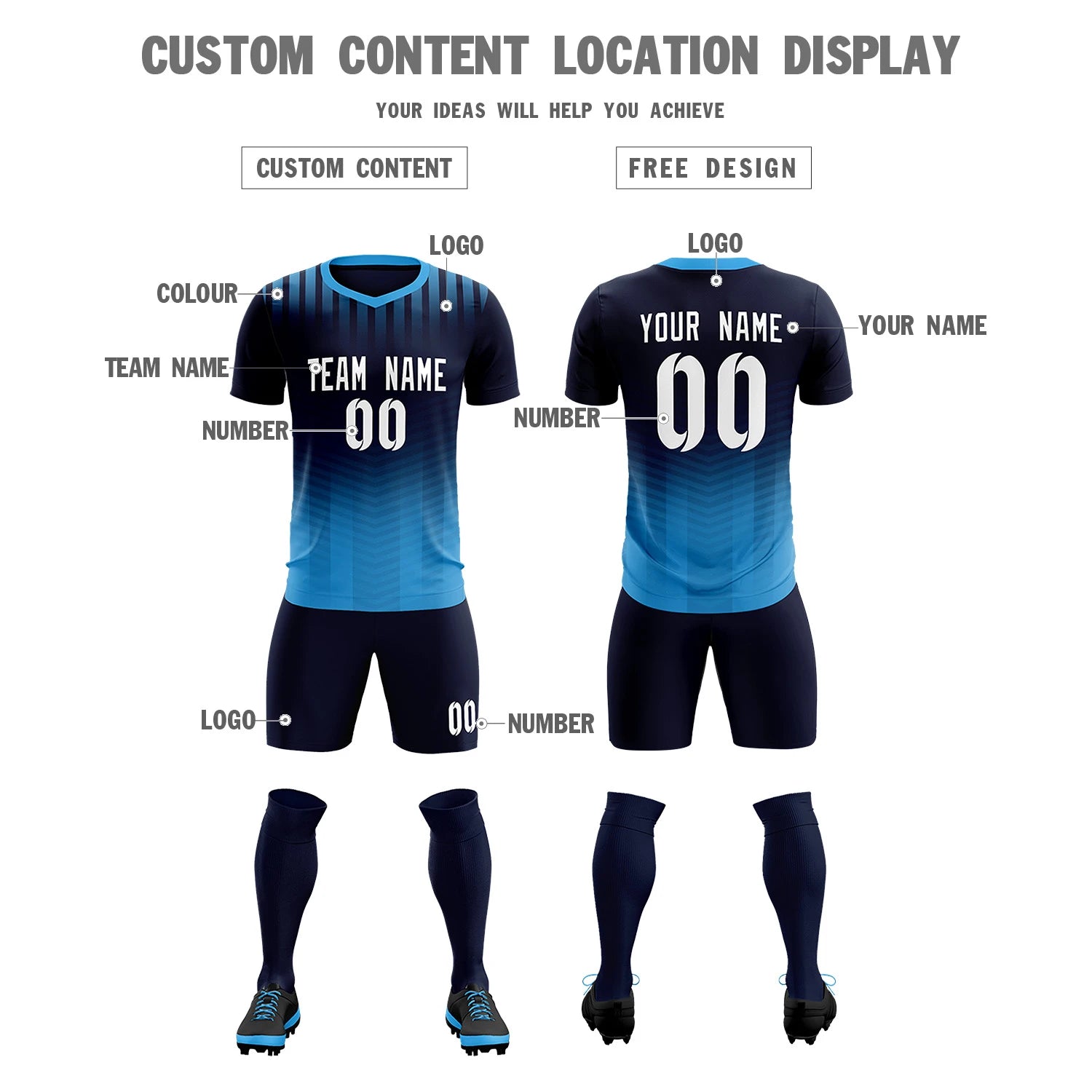 Custom Navy Powder Blue Soft Training Uniform Soccer Sets Jersey