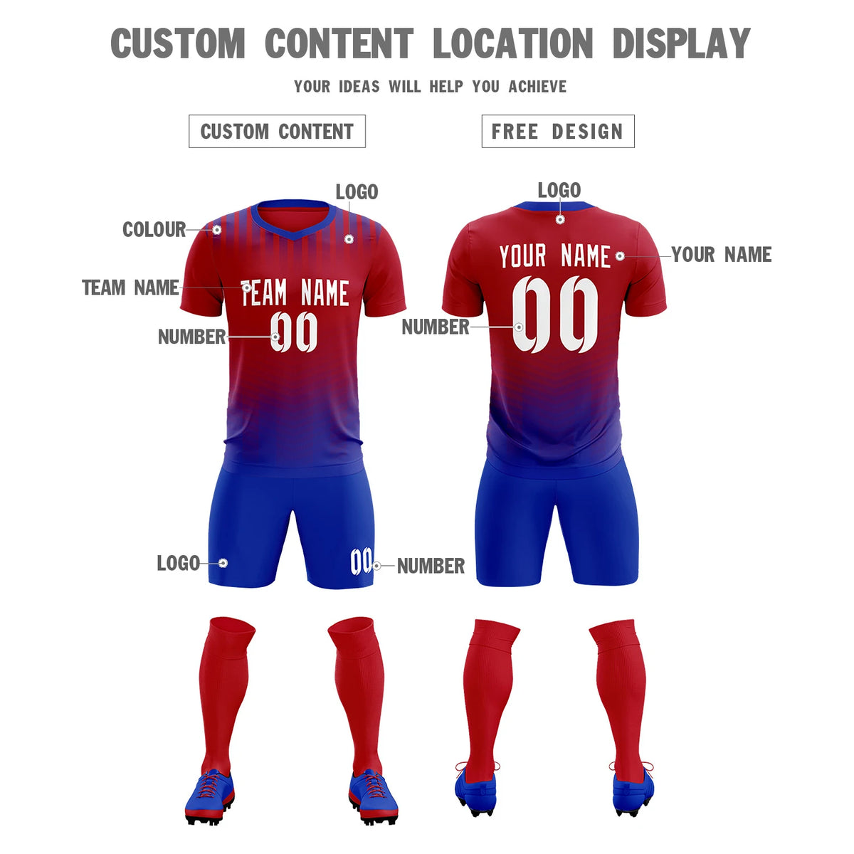 Custom Red Royal Blue Soft Training Uniform Soccer Sets Jersey