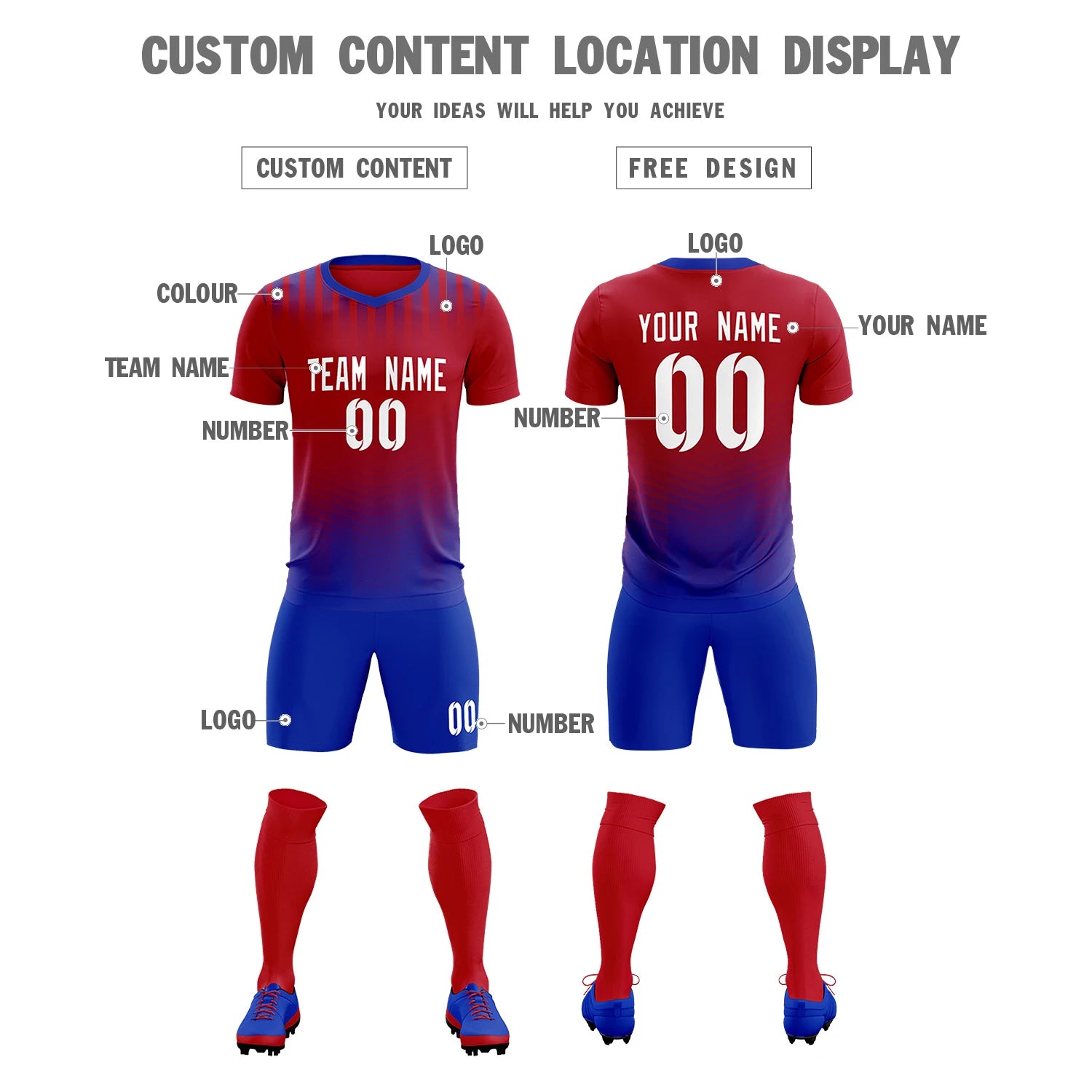 Custom Red Royal Blue Soft Training Uniform Soccer Sets Jersey