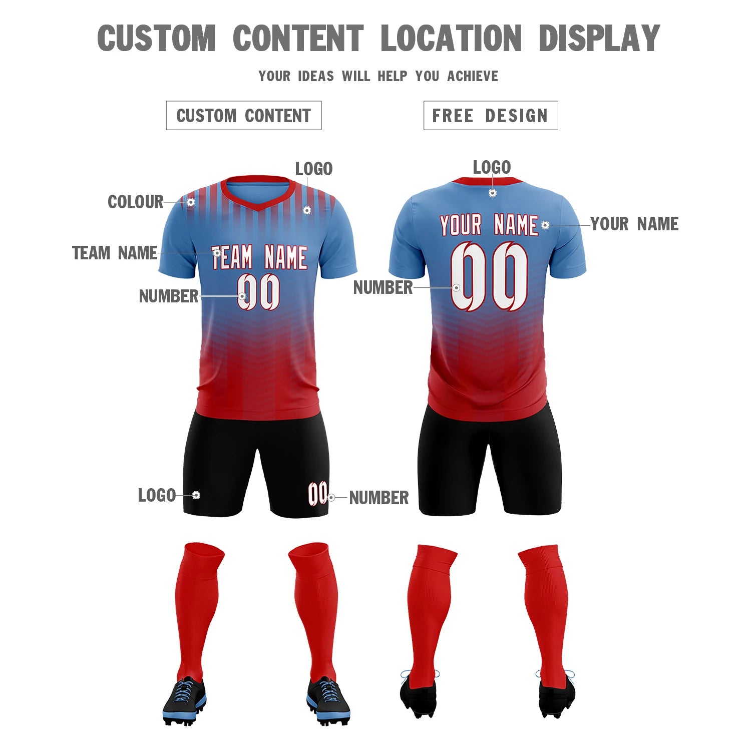 Custom Light Blue Red Soft Training Uniform Soccer Sets Jersey