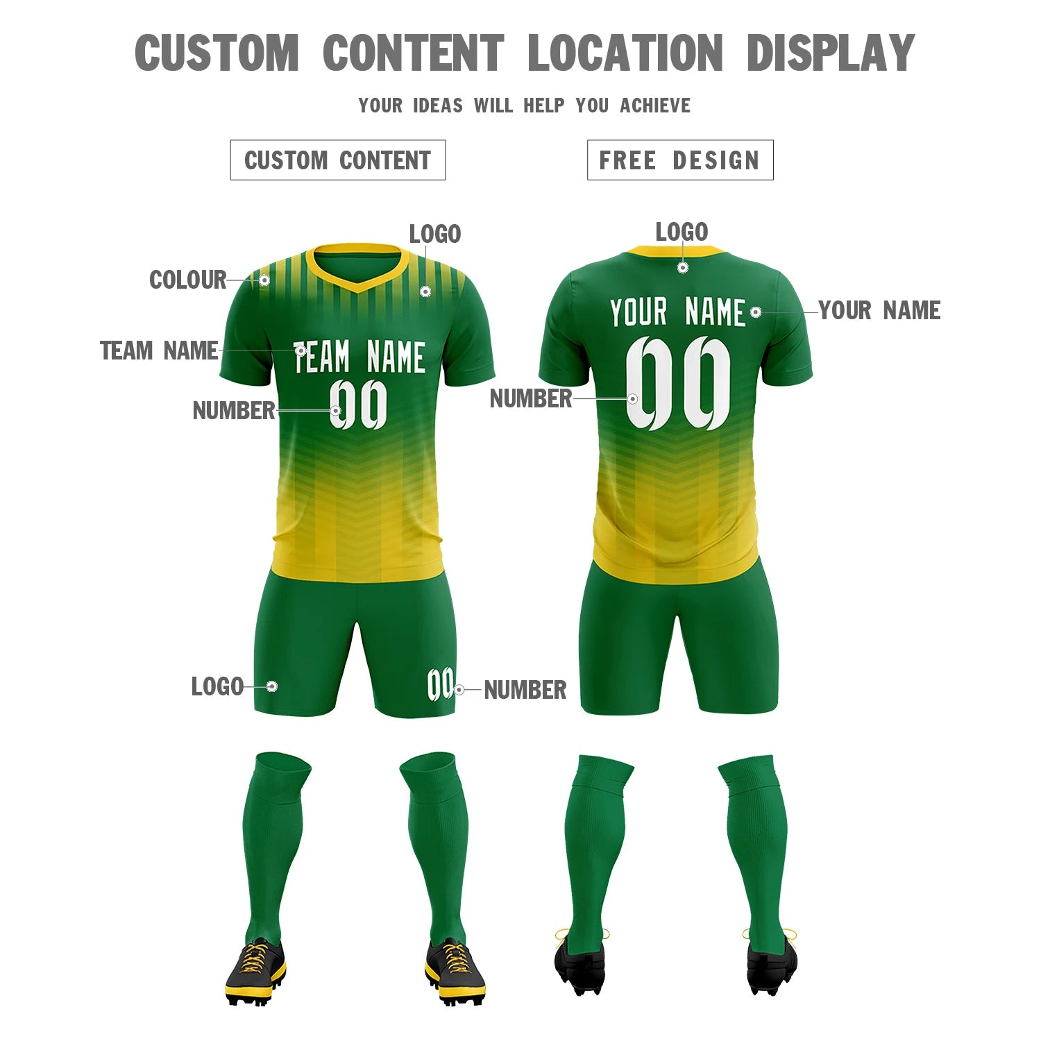 Custom Kelly Green Gold01 Soft Training Uniform Soccer Sets Jersey