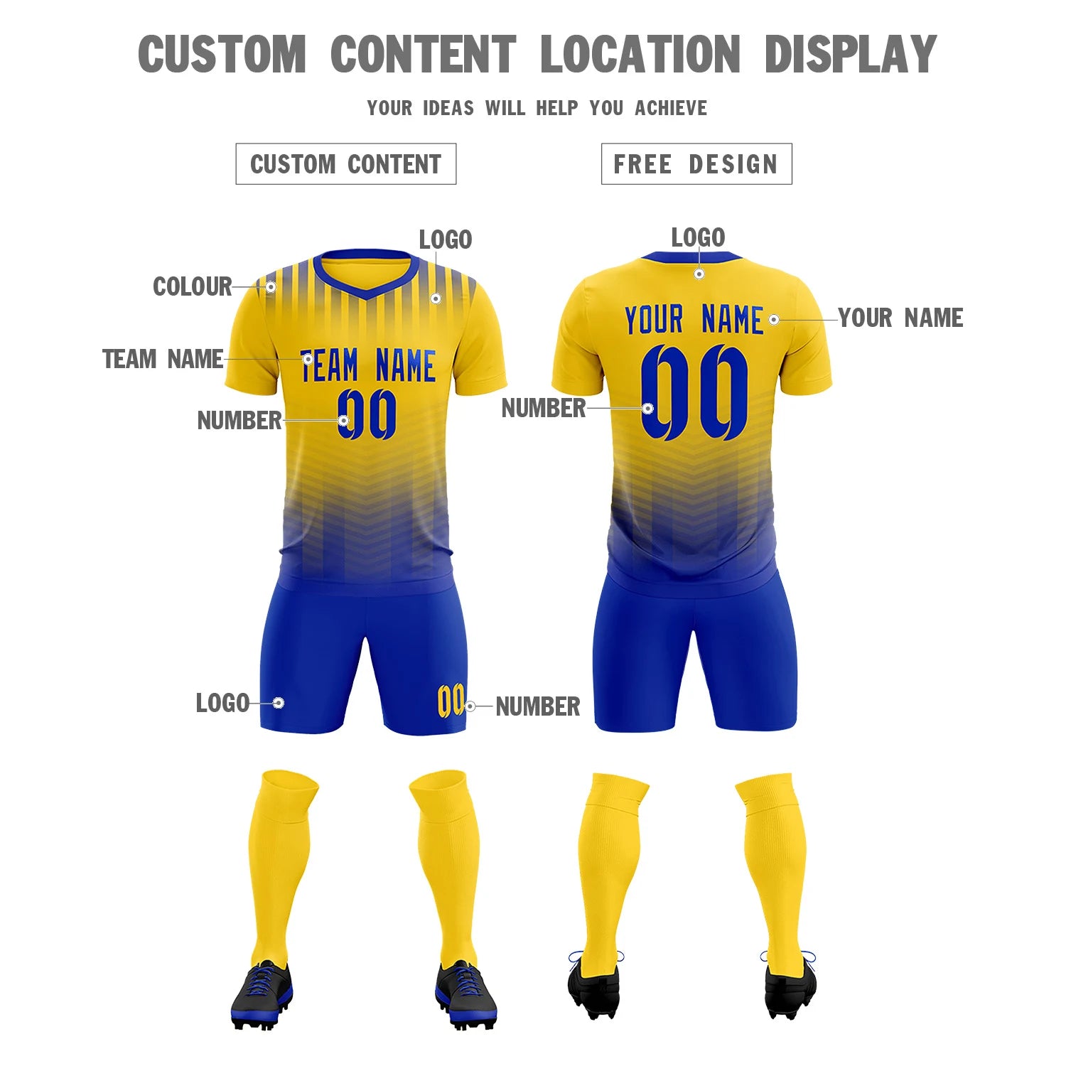 Custom Gold01 Royal Blue Soft Training Uniform Soccer Sets Jersey