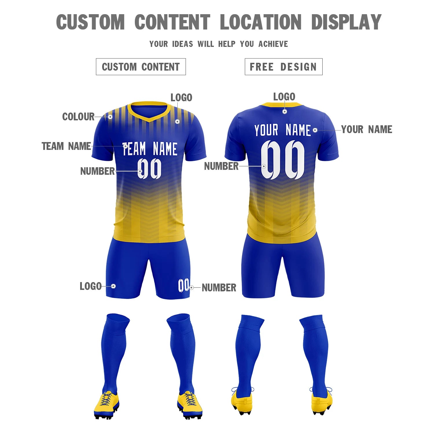 Custom Royal Blue Gold01 Soft Training Uniform Soccer Sets Jersey