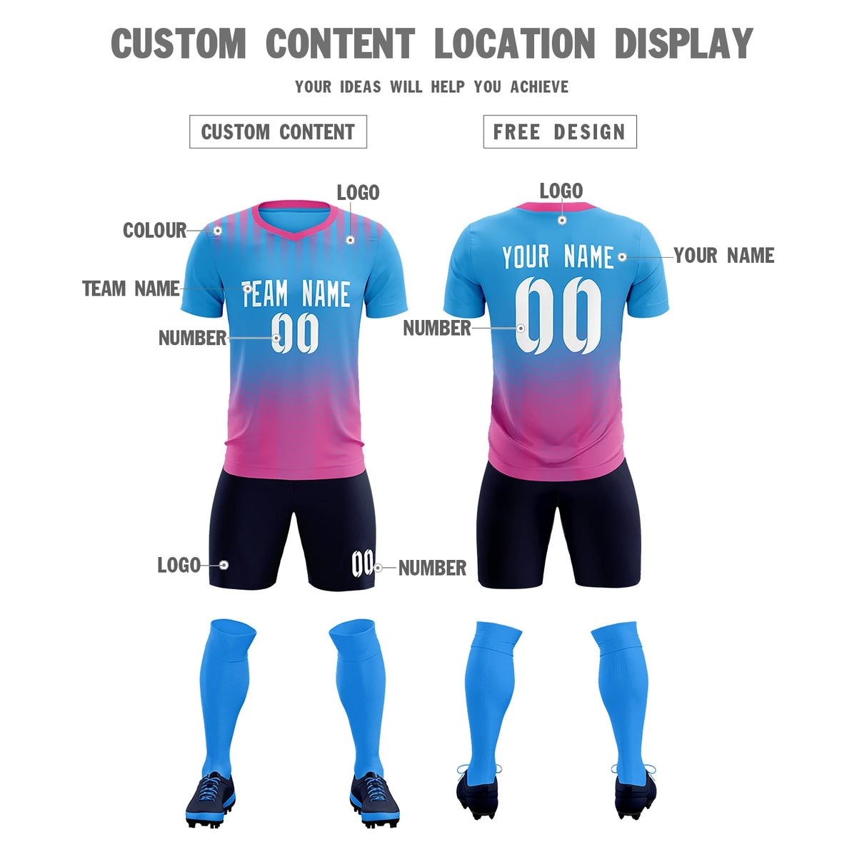 Custom Powder Blue Pink Soft Training Uniform Soccer Sets Jersey