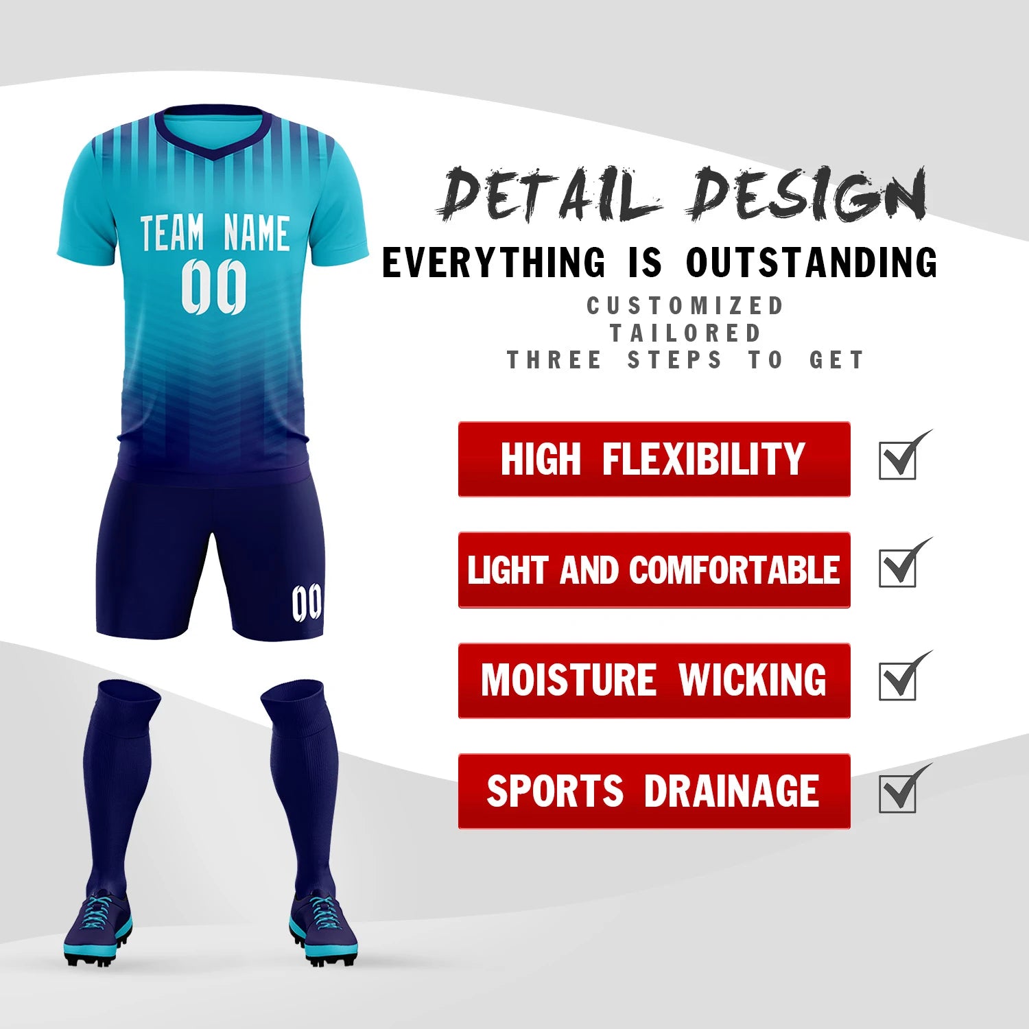 Custom Powder Blue Navy Soft Training Uniform Soccer Sets Jersey