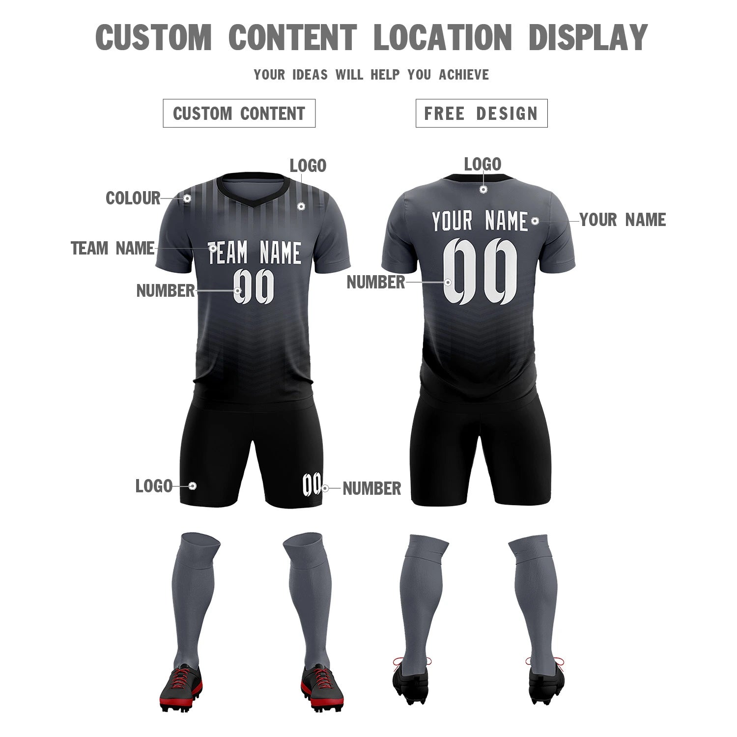 Custom Dark Gray Black Soft Training Uniform Soccer Sets Jersey