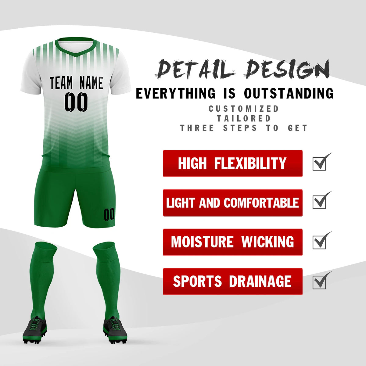 Custom White Kelly Green Soft Training Uniform Soccer Sets Jersey