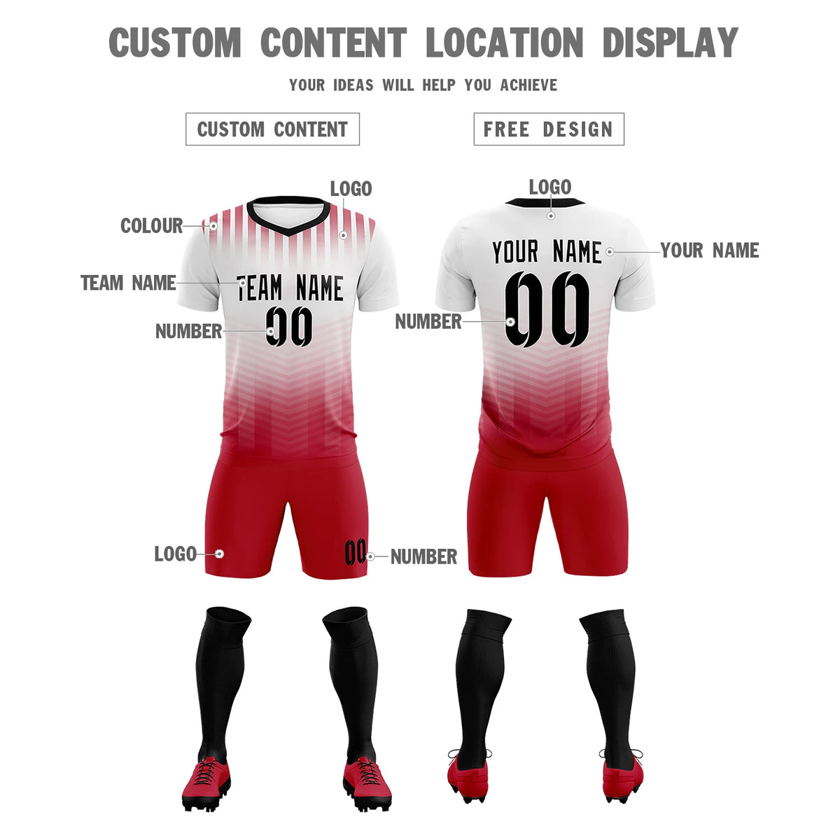 Custom White Red Soft Training Uniform Soccer Sets Jersey