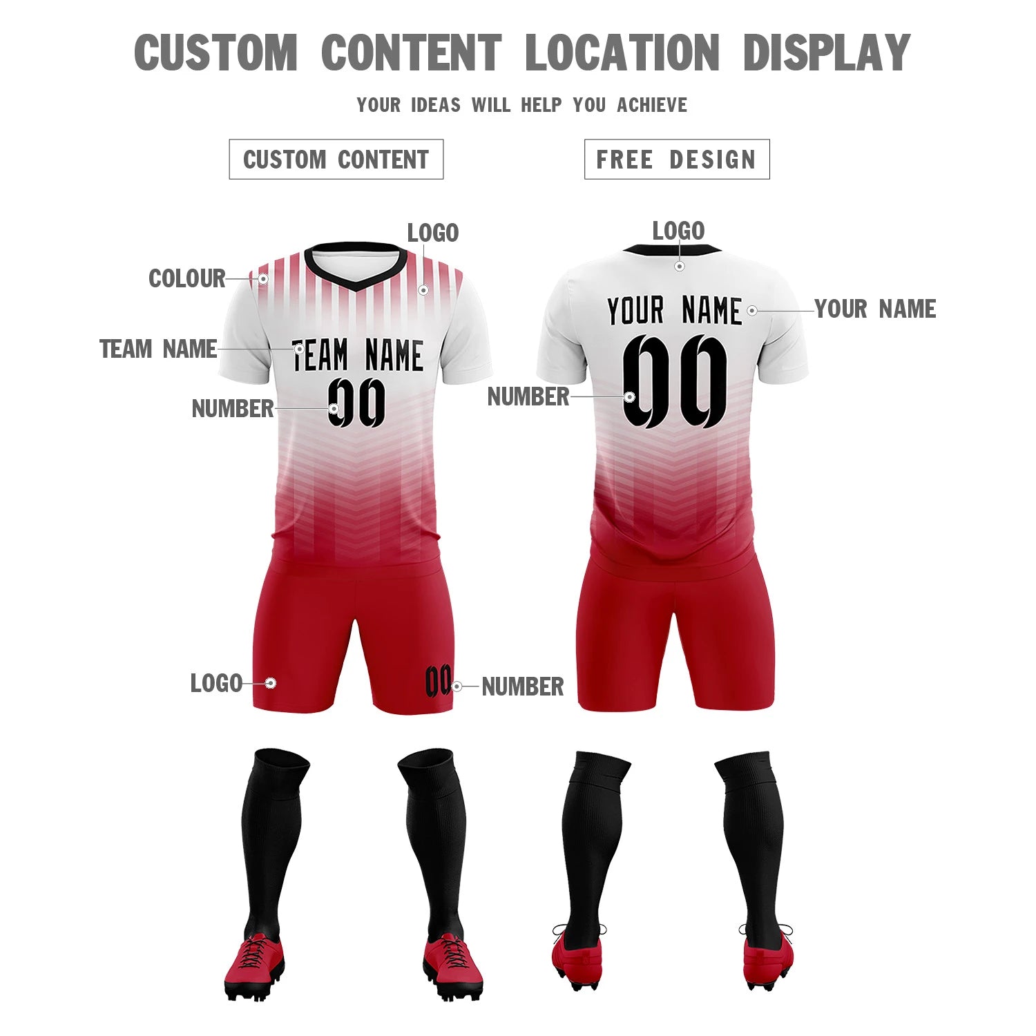 Custom White Red Soft Training Uniform Soccer Sets Jersey