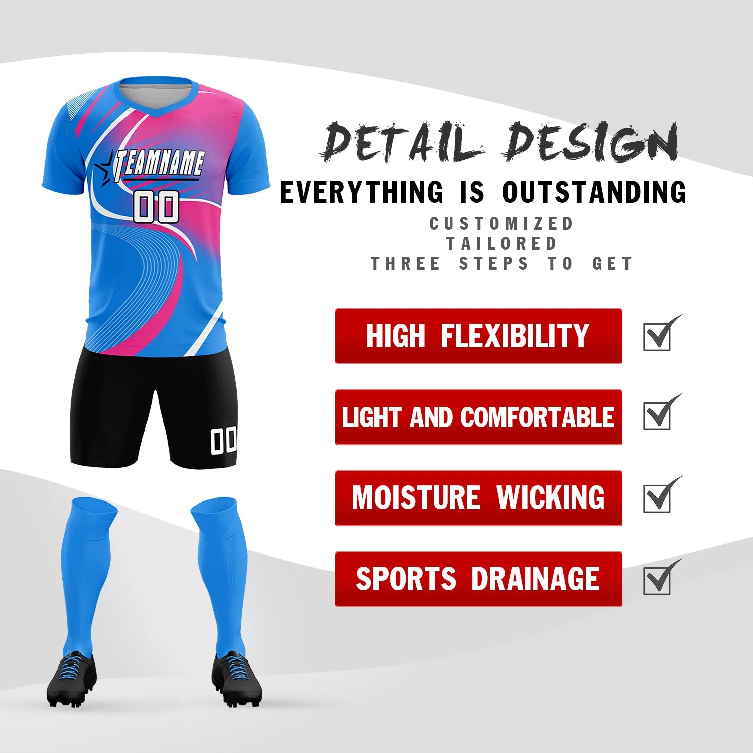 Custom Powder Blue White-Pink Casual Printing Sportswear Soccer Sets Jersey