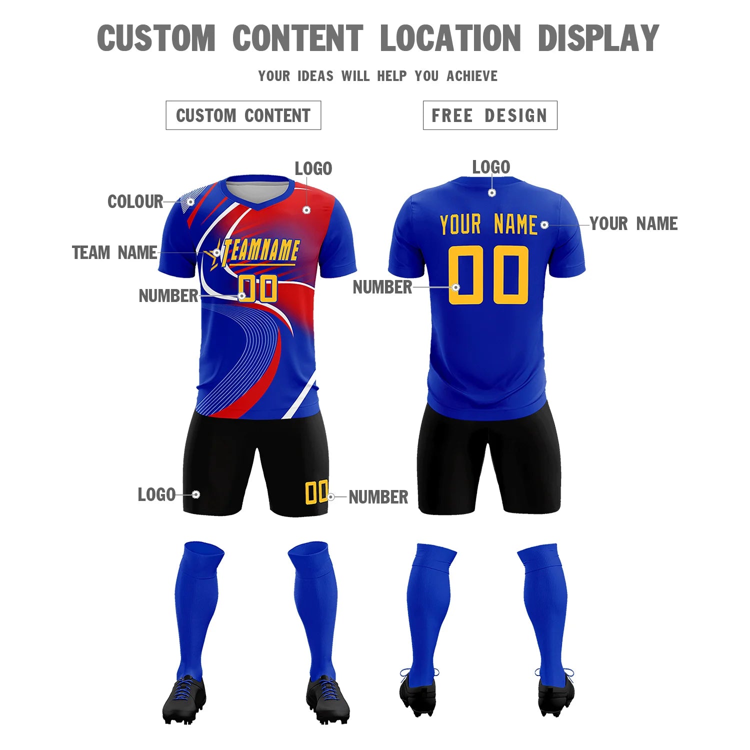 Custom Royal Blue White-Red Casual Printing Sportswear Soccer Sets Jersey