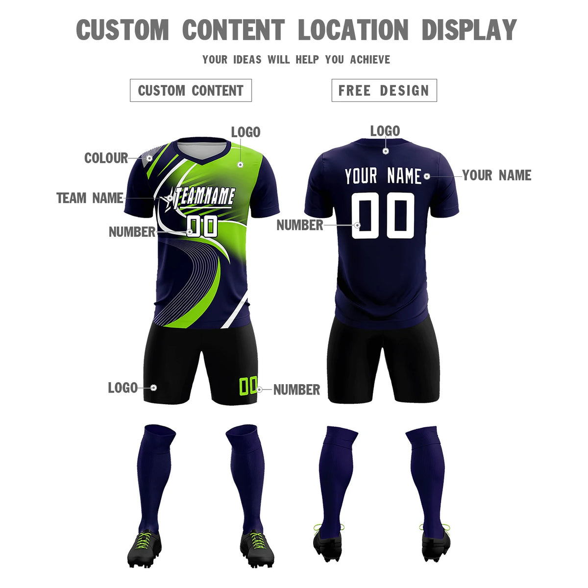 Custom Navy White-Neon Green Casual Printing Sportswear Soccer Sets Jersey
