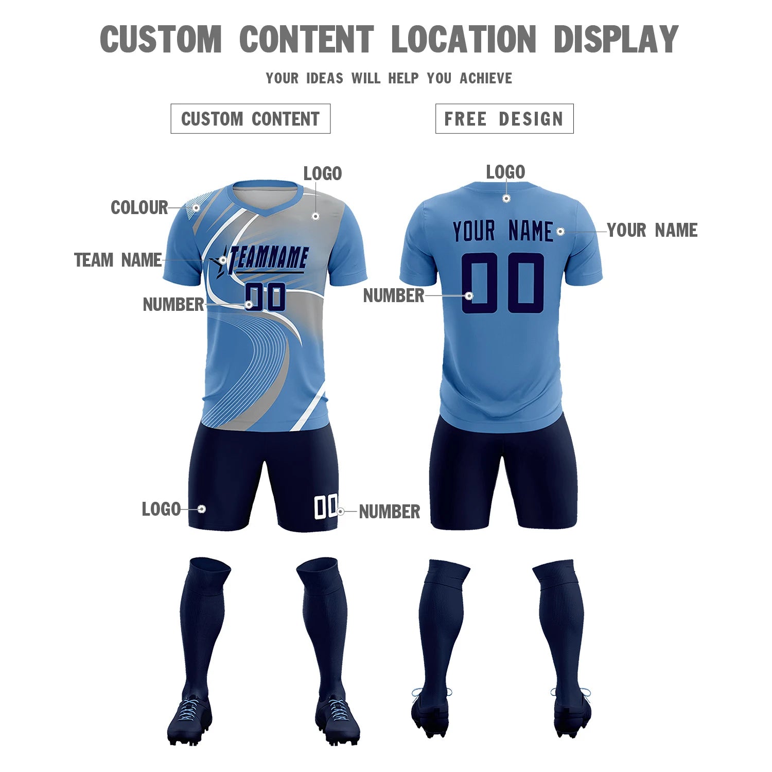 Custom Light Blue White-Gray Casual Printing Sportswear Soccer Sets Jersey