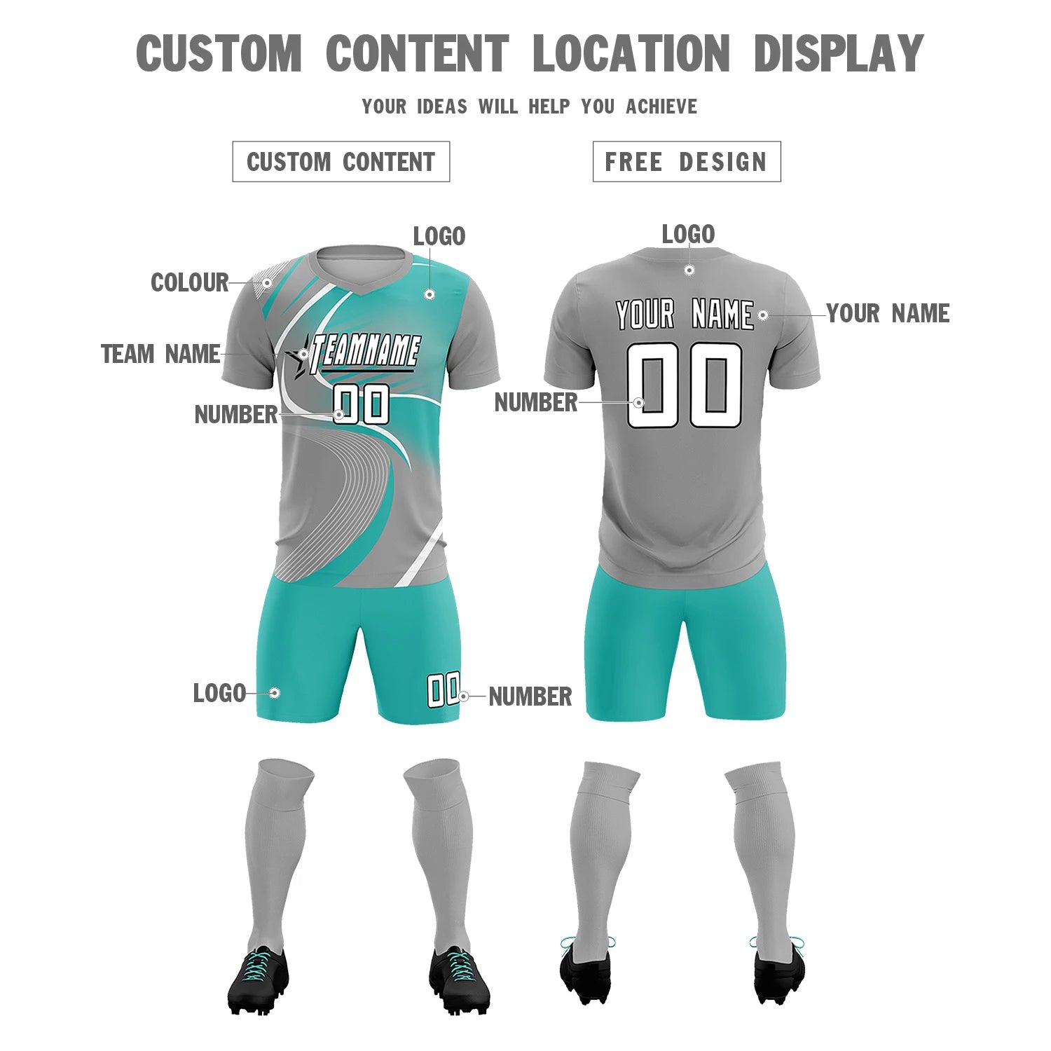 Custom Gray White-Bright Green Casual Printing Sportswear Soccer Sets Jersey