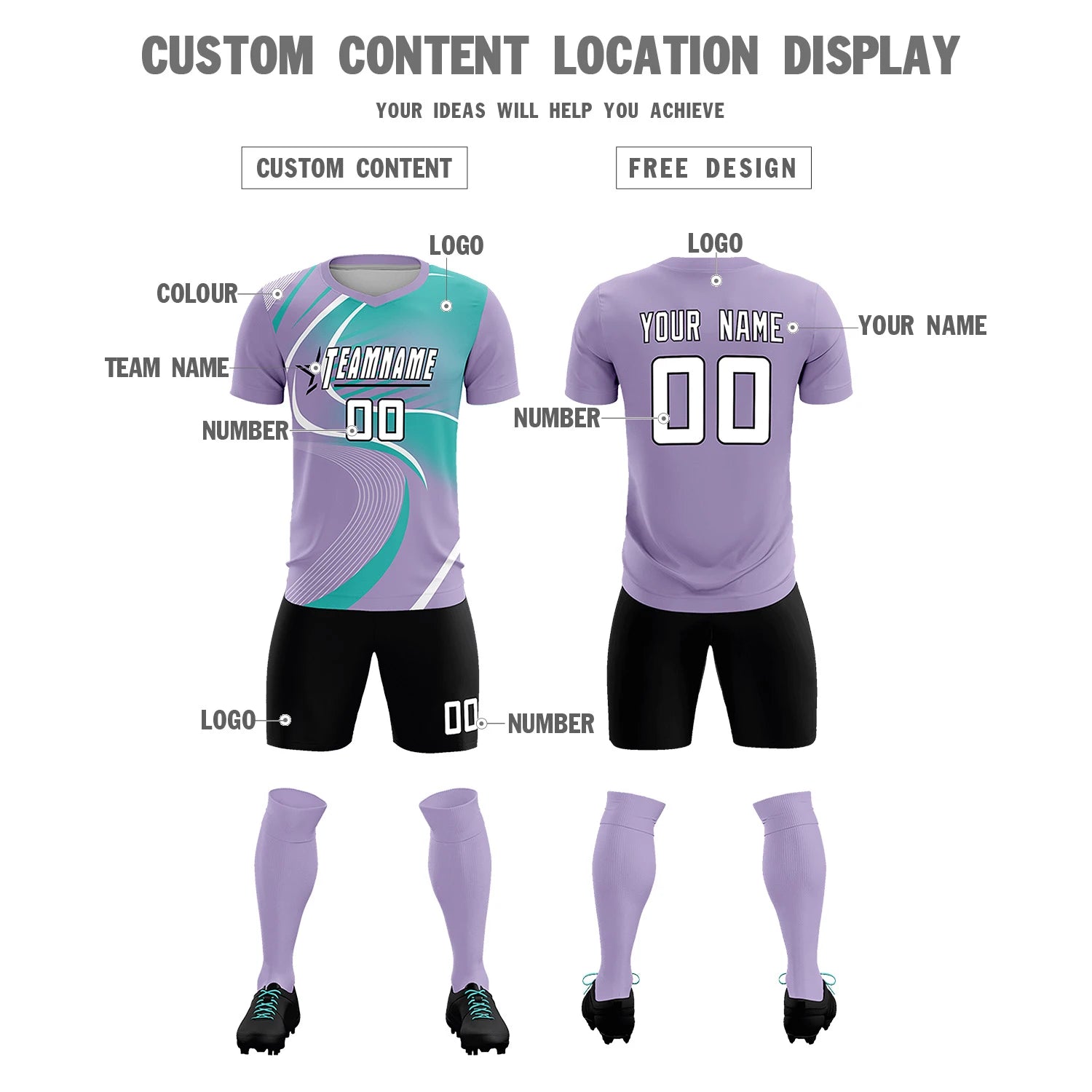 Custom Light Purple White-Bright Green Casual Printing Sportswear Soccer Sets Jersey