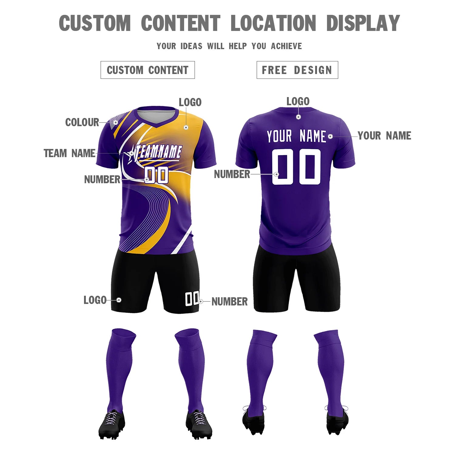 Custom Purple White-Gold01 Casual Printing Sportswear Soccer Sets Jersey