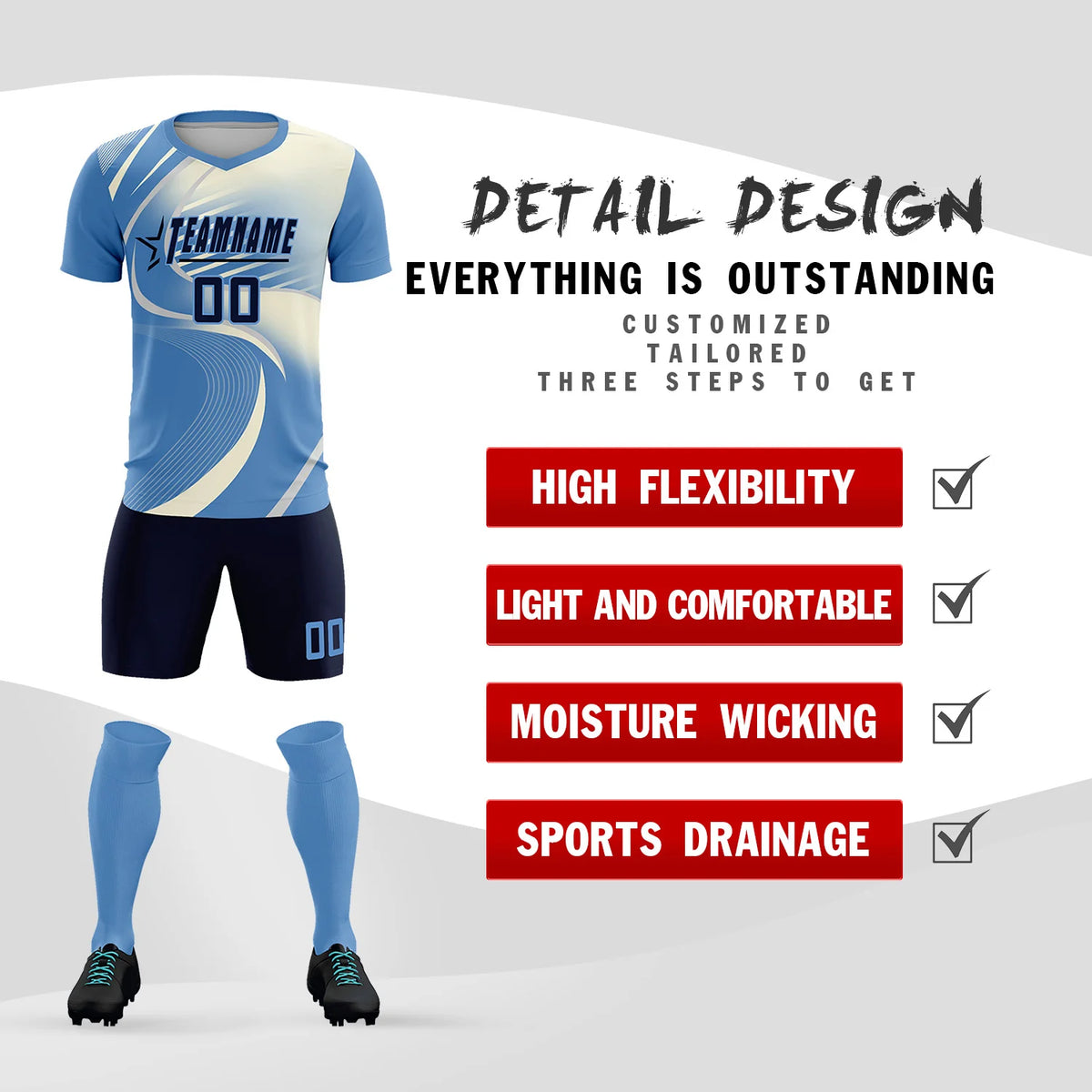 Custom Light Blue Gray-Khaki Casual Printing Sportswear Soccer Sets Jersey