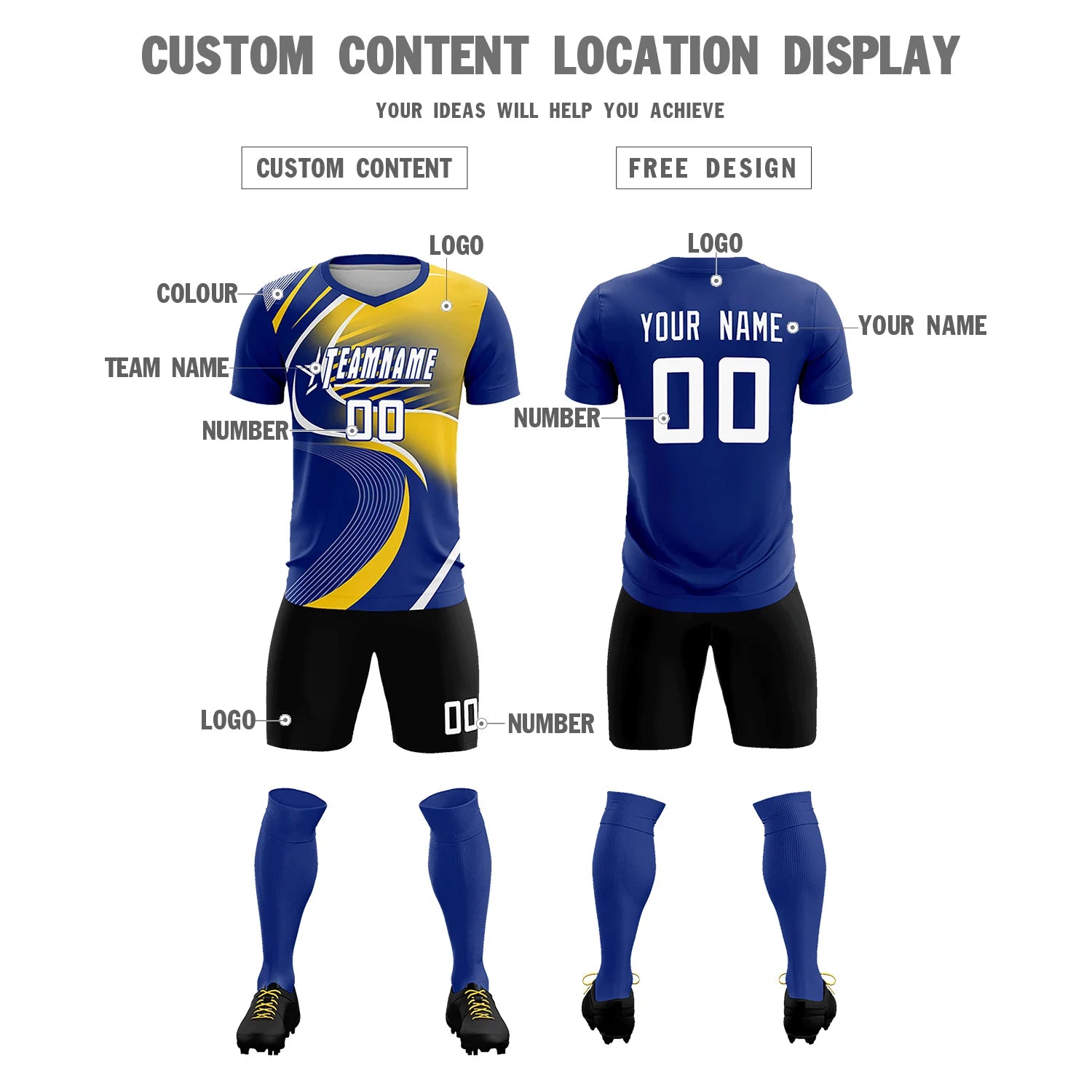 Custom Royal Blue White-Gold01 Casual Printing Sportswear Soccer Sets Jersey
