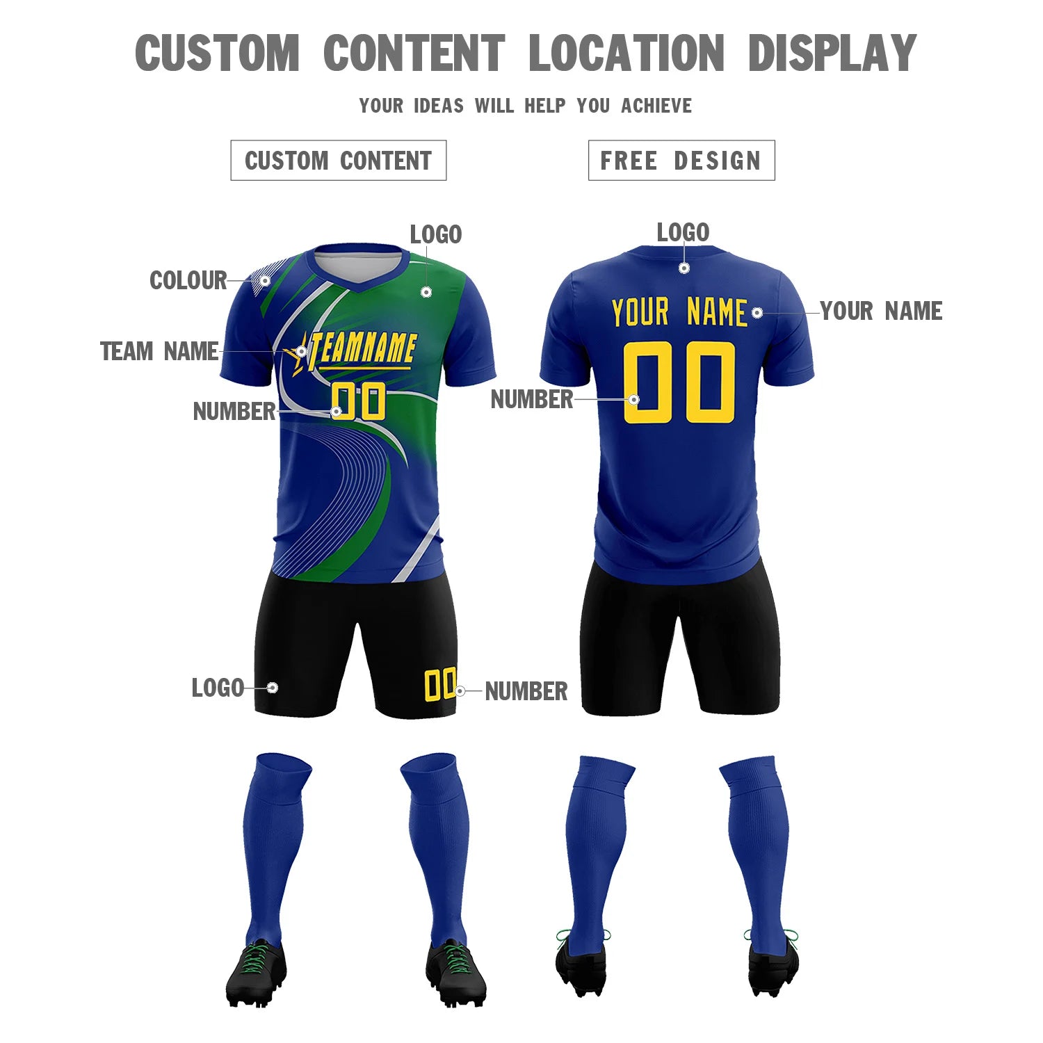 Custom Royal Blue Gray-Kelly Green Casual Printing Sportswear Soccer Sets Jersey