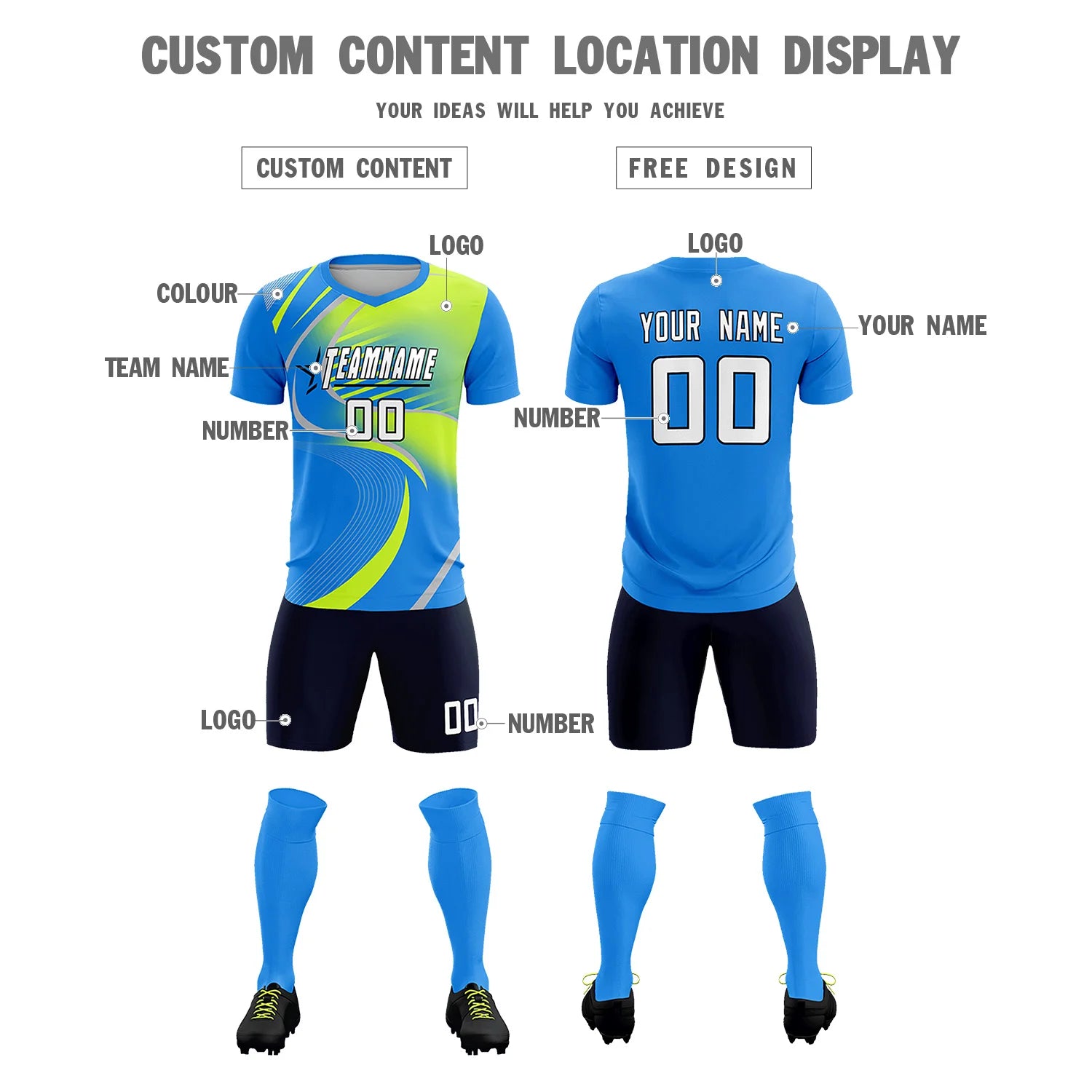 Custom Powder Blue Gray-Neon Green Casual Printing Sportswear Soccer Sets Jersey