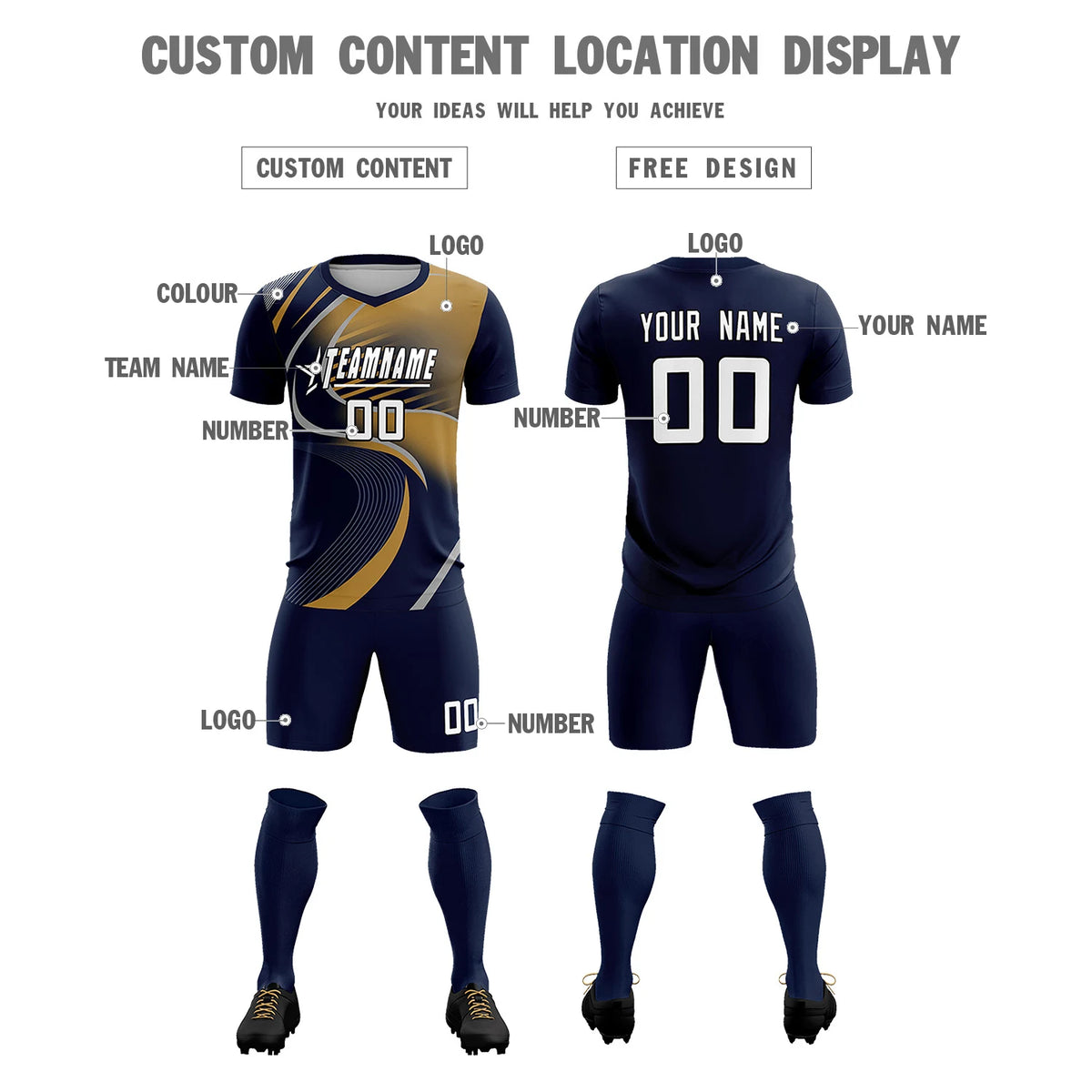 Custom Navy Gray-Old Gold Casual Printing Sportswear Soccer Sets Jersey