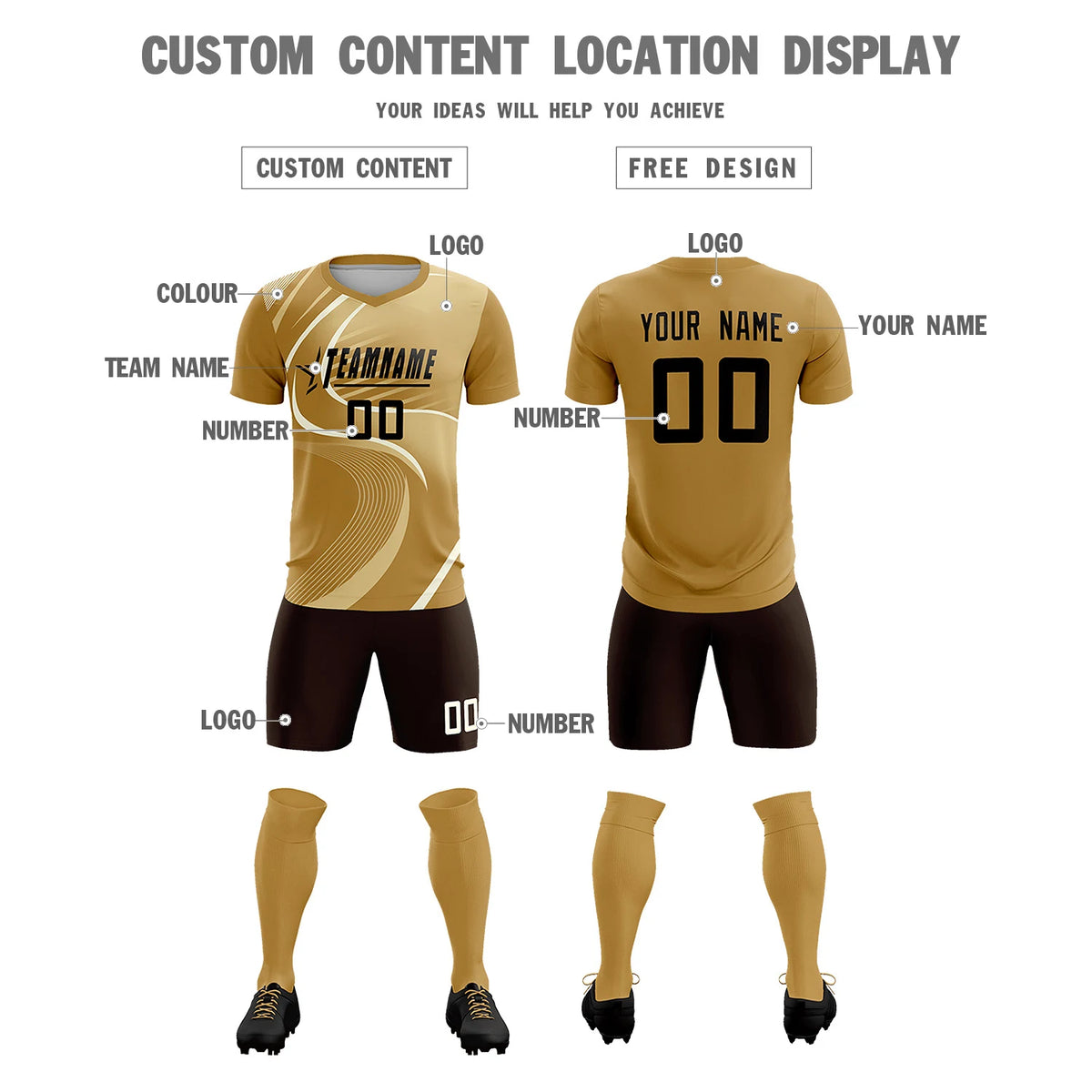 Custom Old Gold Khaki-Khaki Casual Printing Sportswear Soccer Sets Jersey