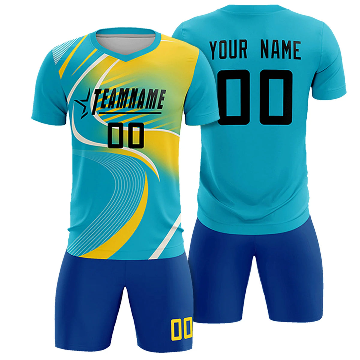 Custom Aqua Black-Gold01 Casual Printing Sportswear Soccer Sets Jersey