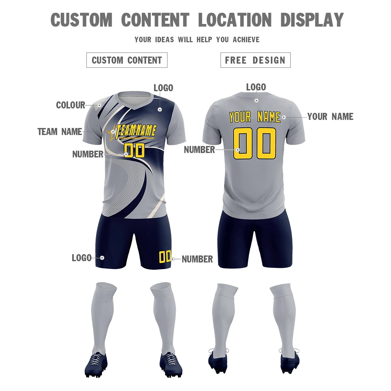 Custom Gray White-Navy Casual Printing Sportswear Soccer Sets Jersey