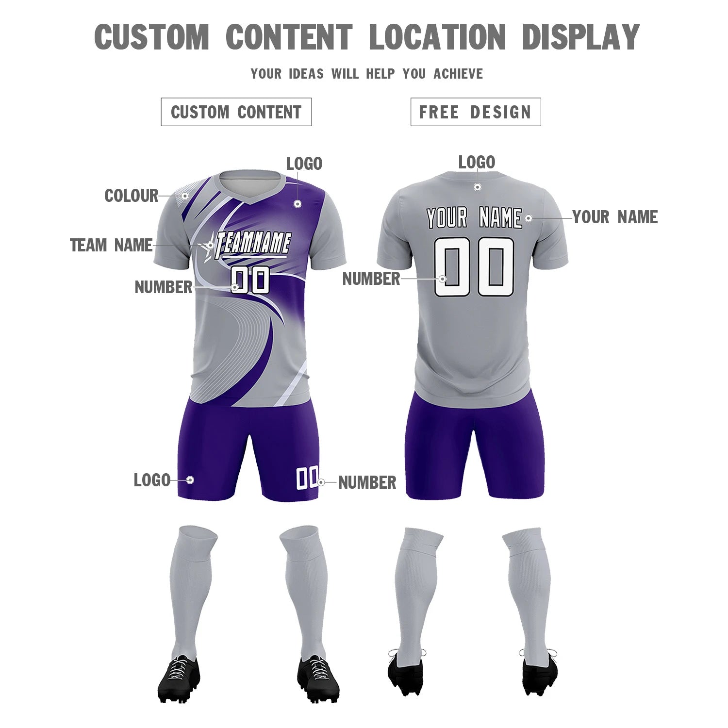 Custom Gray White-Purple Casual Printing Sportswear Soccer Sets Jersey