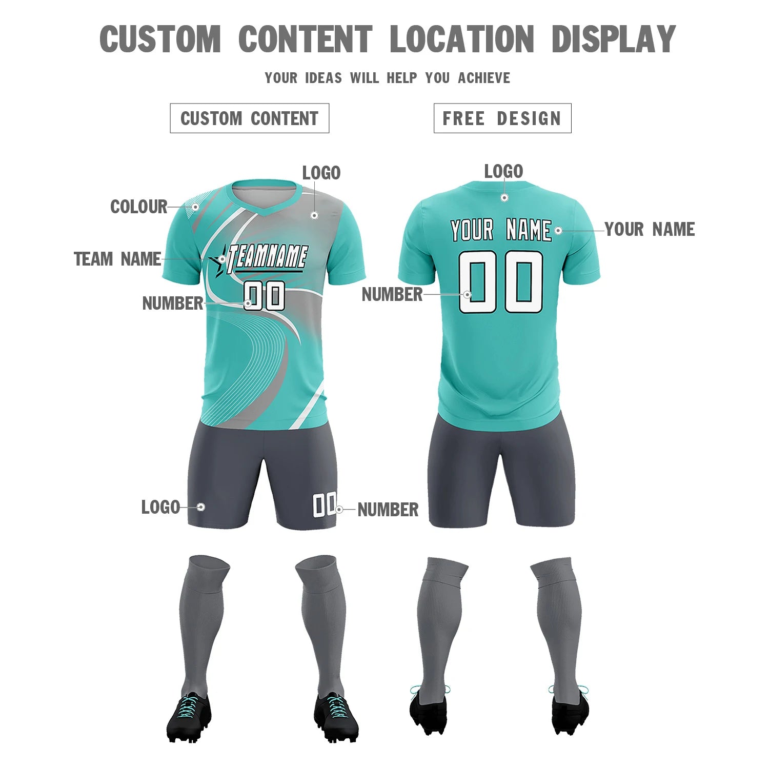 Custom Bright Green White-Gray Casual Printing Sportswear Soccer Sets Jersey