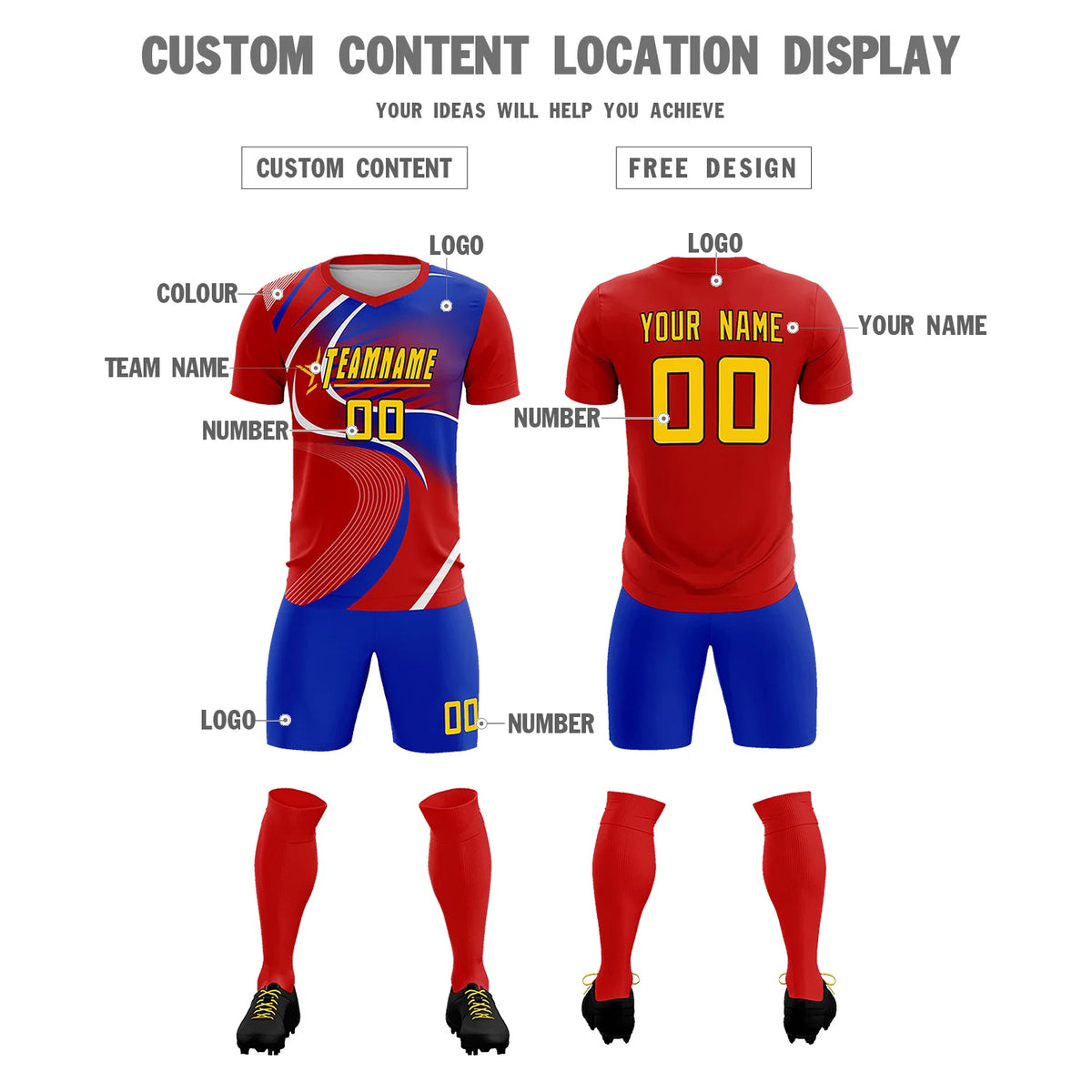 Custom Red White-Royal Blue Casual Printing Sportswear Soccer Sets Jersey