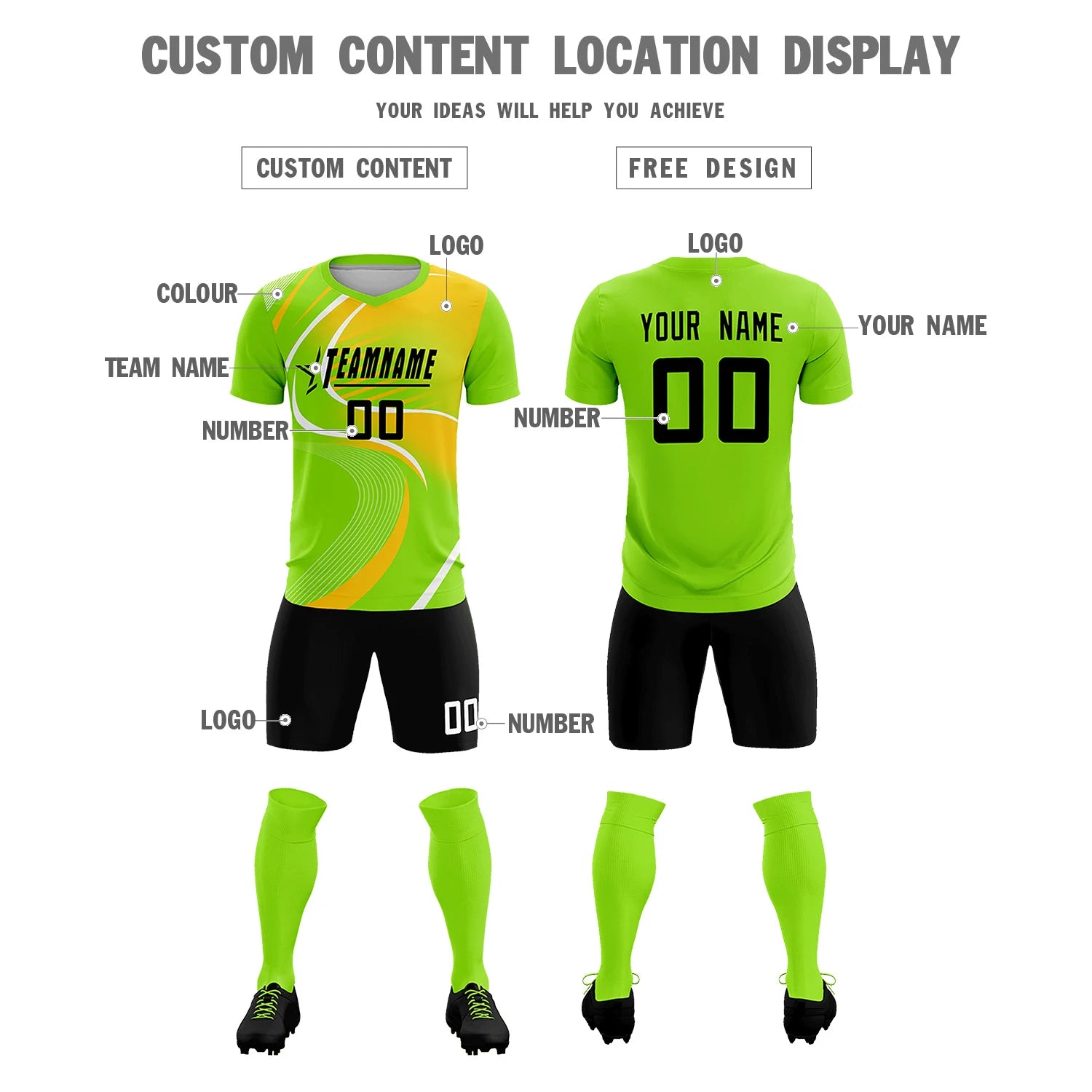 Custom Neon Green White-Gold01 Casual Printing Sportswear Soccer Sets Jersey