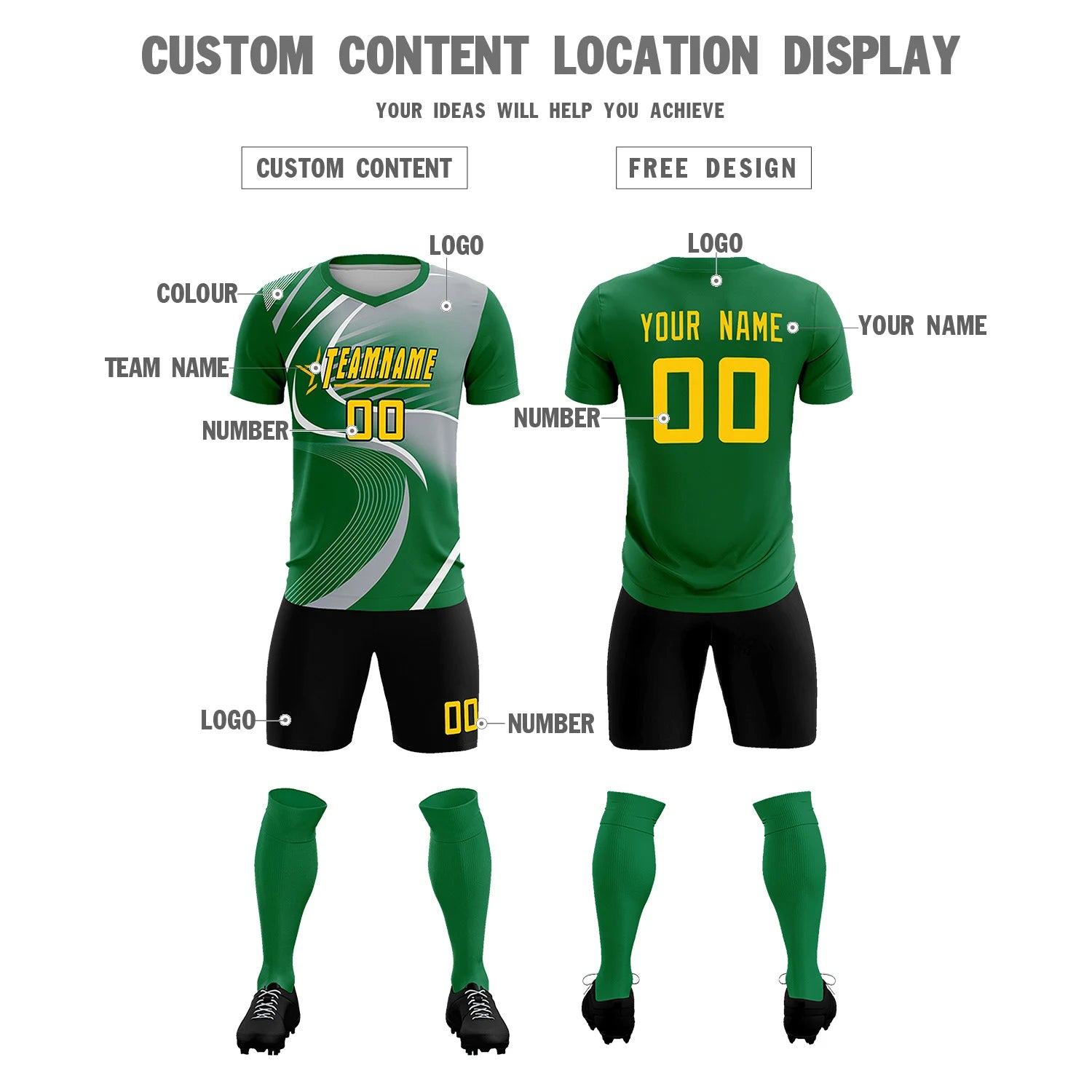 Custom Kelly Green White-Gray Casual Printing Sportswear Soccer Sets Jersey