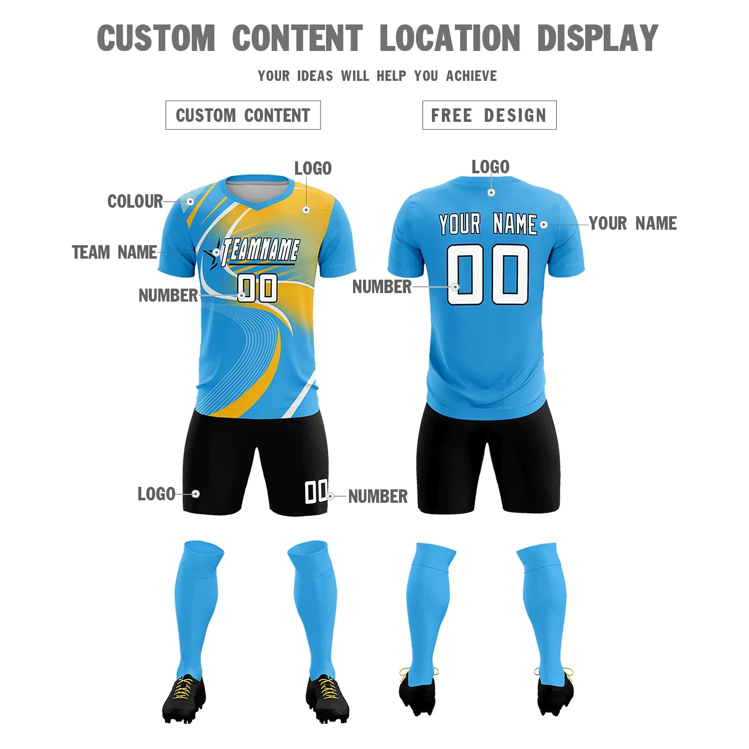 Custom Powder Blue White-Gold01 Casual Printing Sportswear Soccer Sets Jersey
