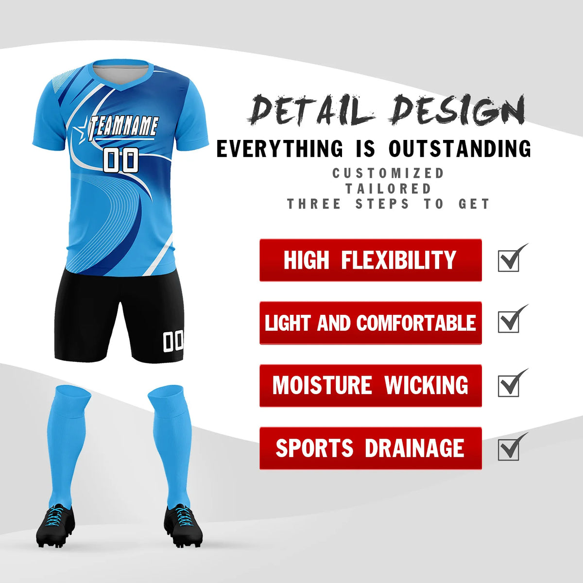 Custom Powder Blue White-Navy Casual Printing Sportswear Soccer Sets Jersey