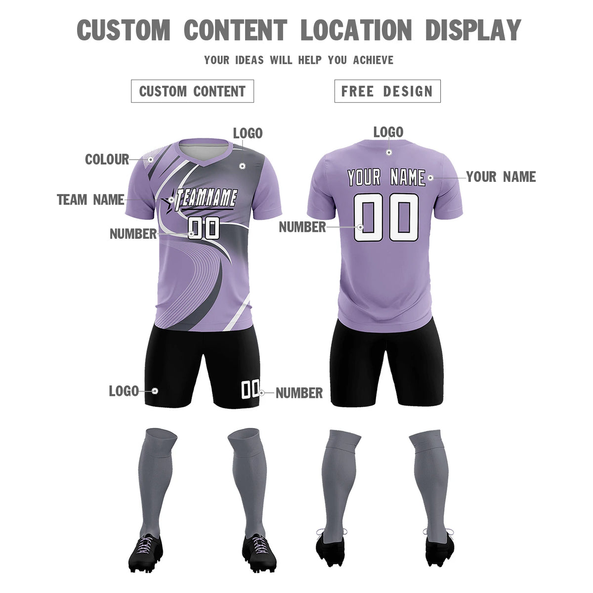 Custom Light Purple White-Gray Casual Printing Sportswear Soccer Sets Jersey