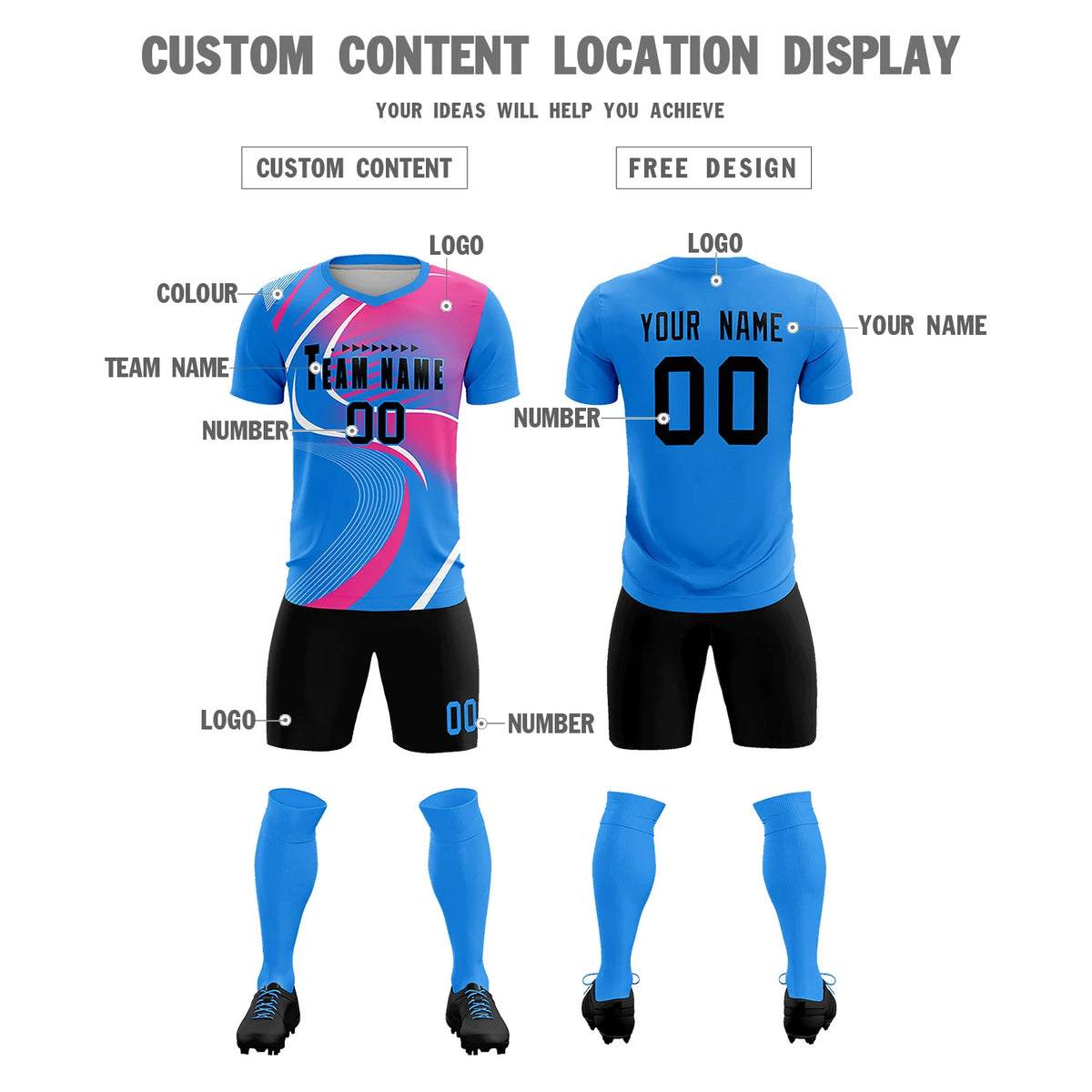 Custom Powder Blue White-Pink Casual Printing Sportswear Soccer Sets Jersey